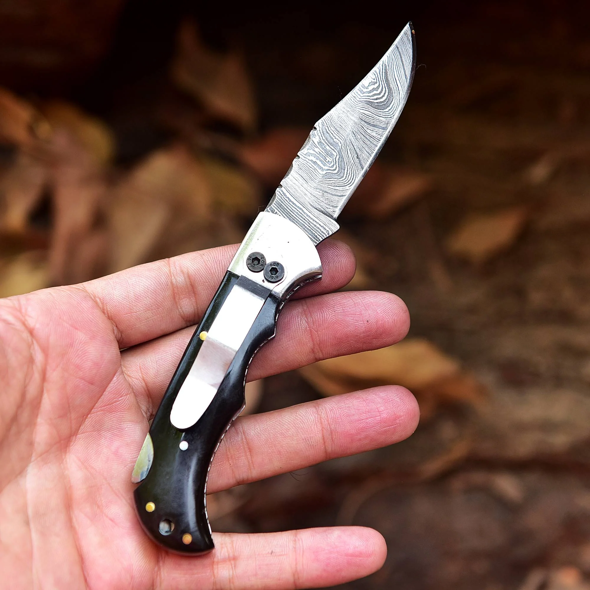 Handmade Damascus Steel Pocket Folding Blade Knife - Clip Holder Handle