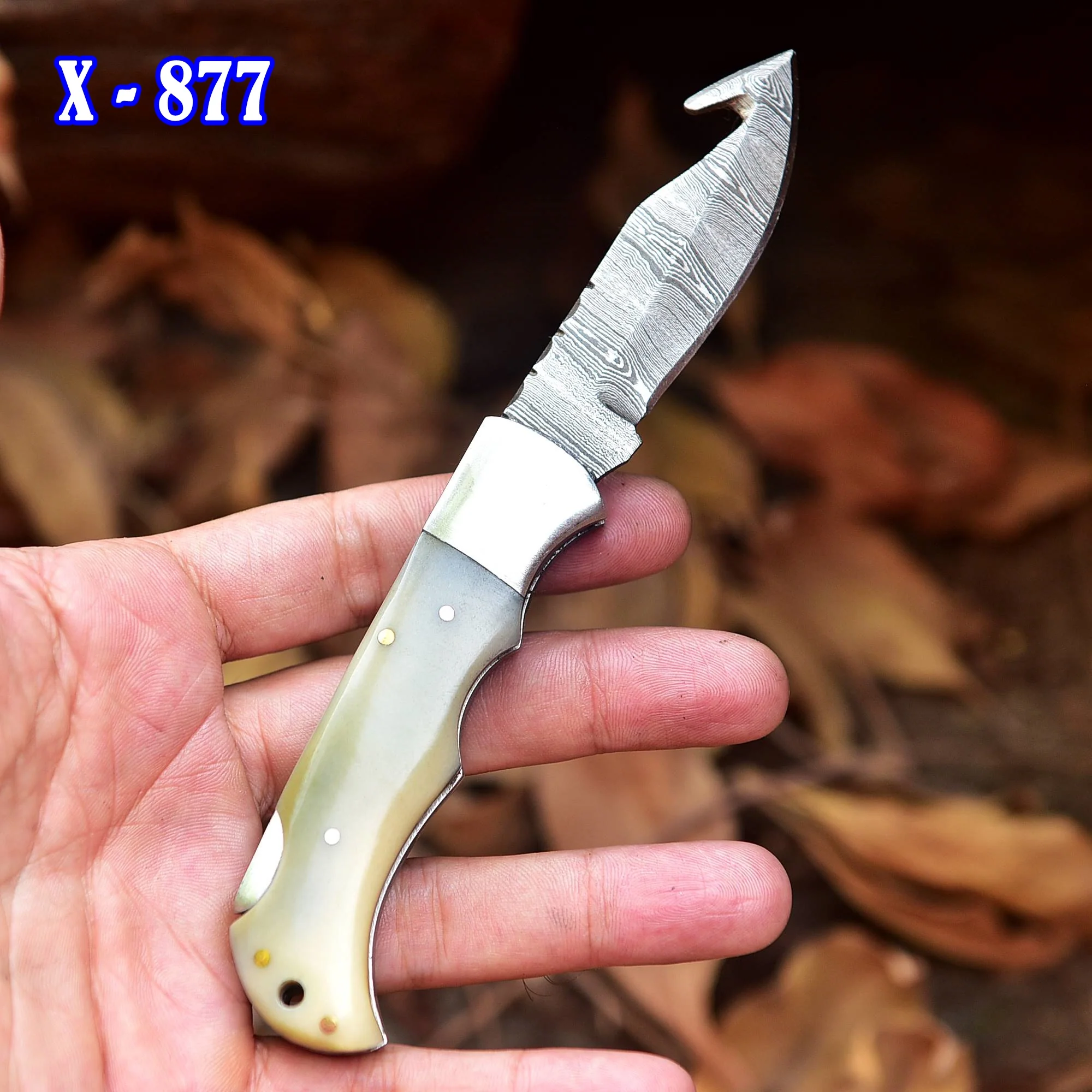 Handmade Damascus Steel Pocket Folding Guthook Blade Knife - Gray Bone Handle - Image 4