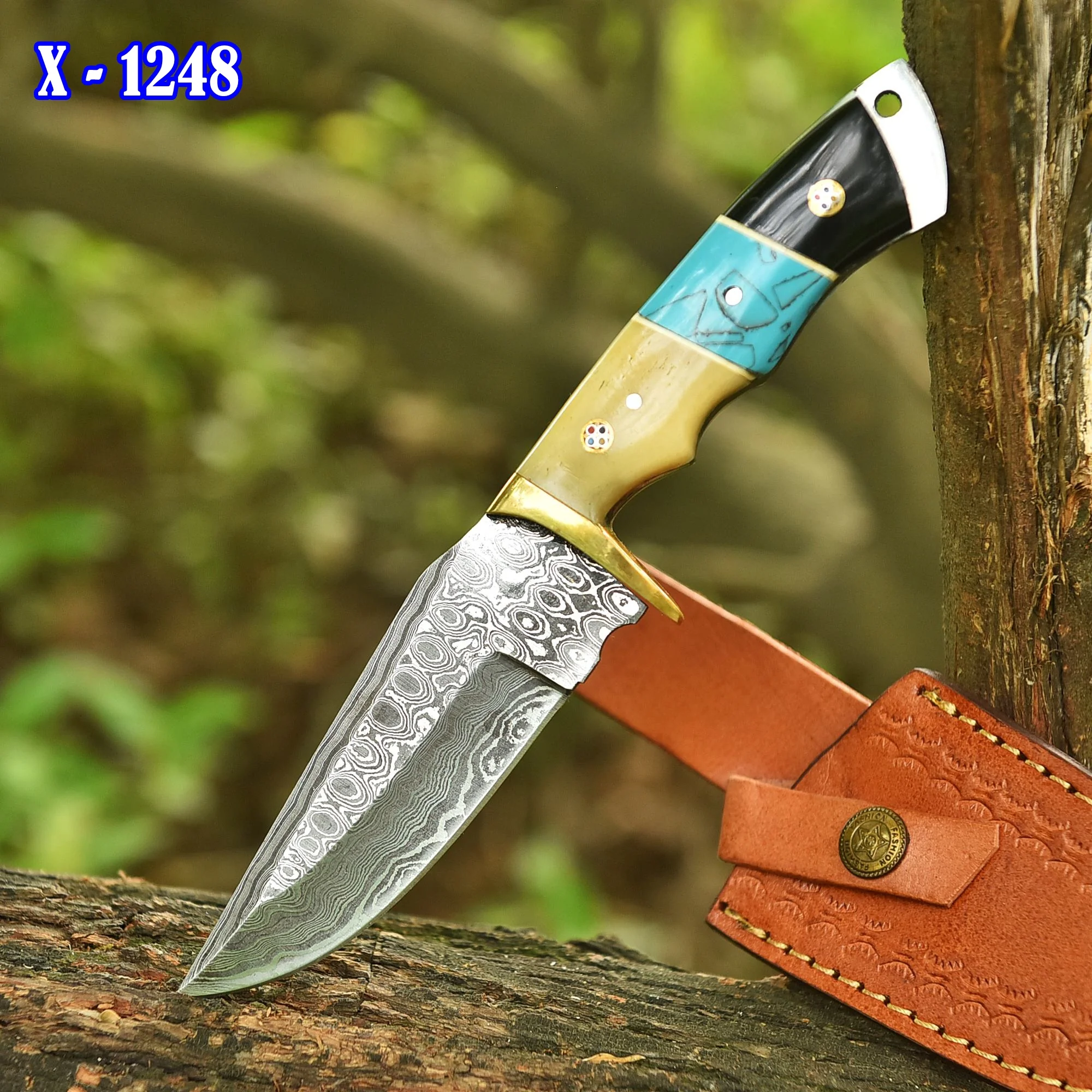 Handmade Damascus Steel Skinner Knife Camel Bone Resin Brass Guard Handle - Image 2