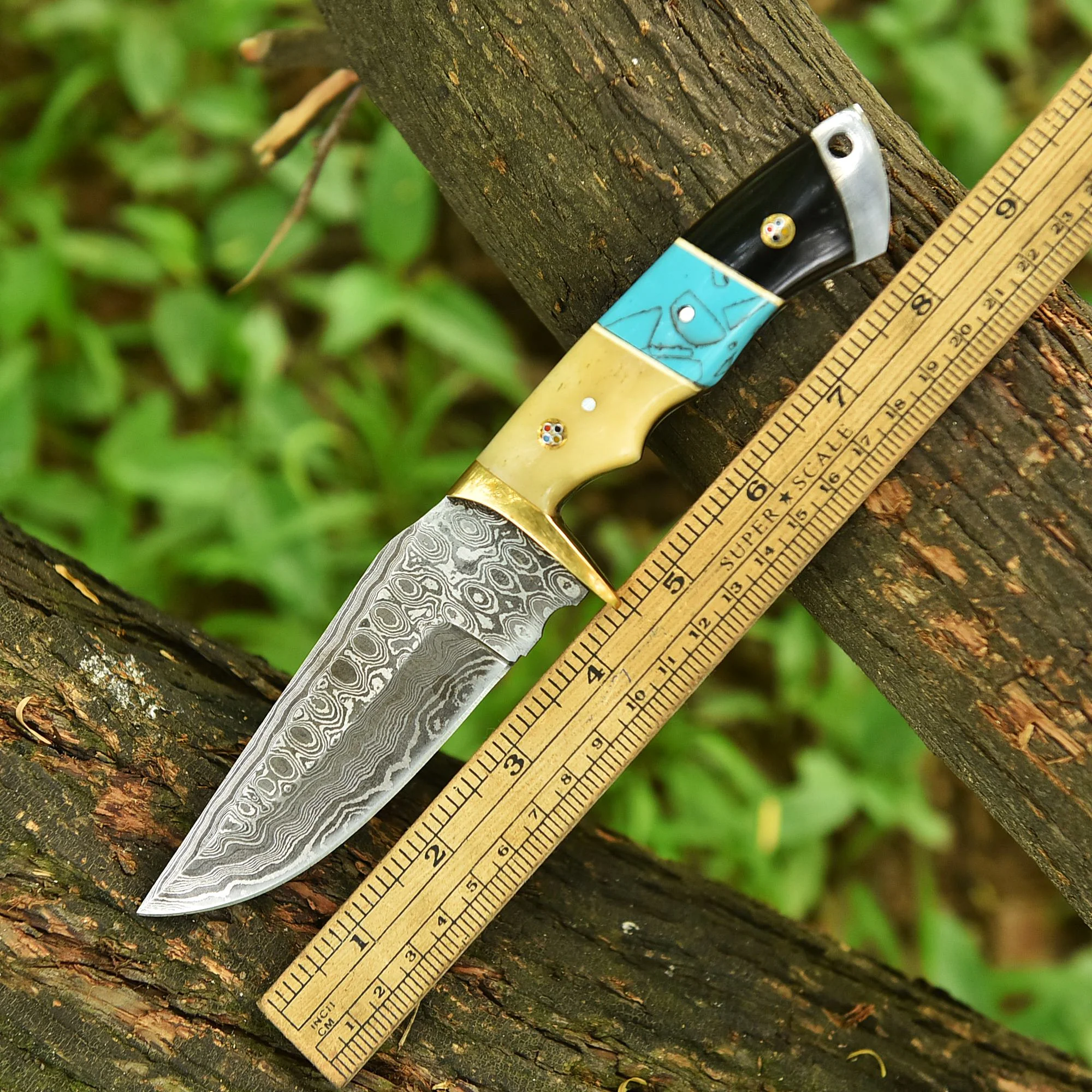 Handmade Damascus Steel Skinner Knife Camel Bone Resin Brass Guard Handle - Image 3