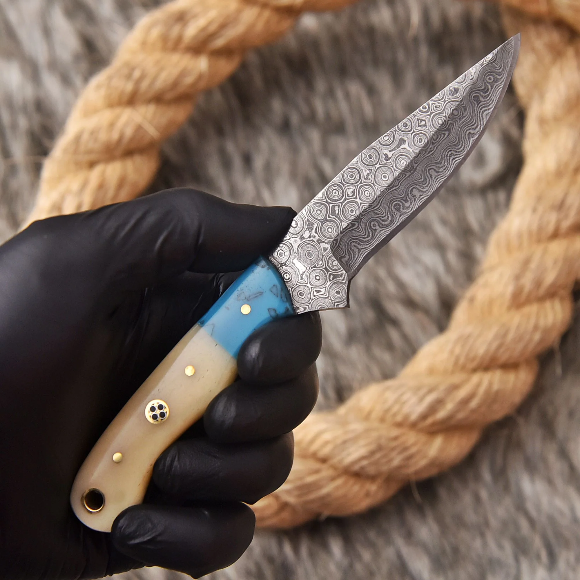 Handmade Damascus Steel Skinner Knife Camel Bone Resin Handle Full Tang - Image 3