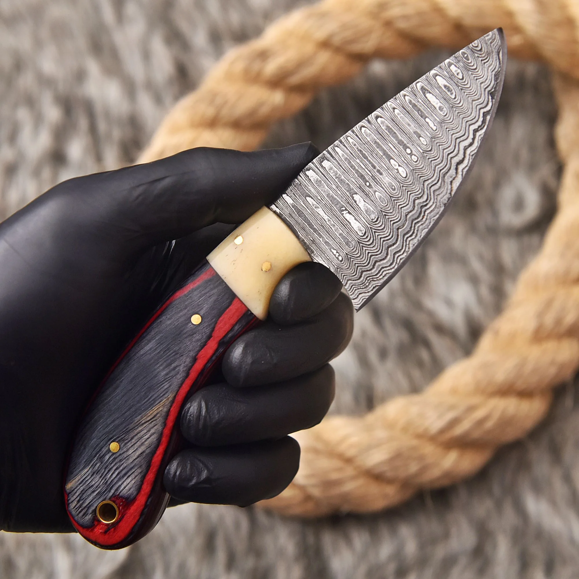 Handmade Damascus Steel Skinner Knife Wood Camel Bone Handle - Image 3