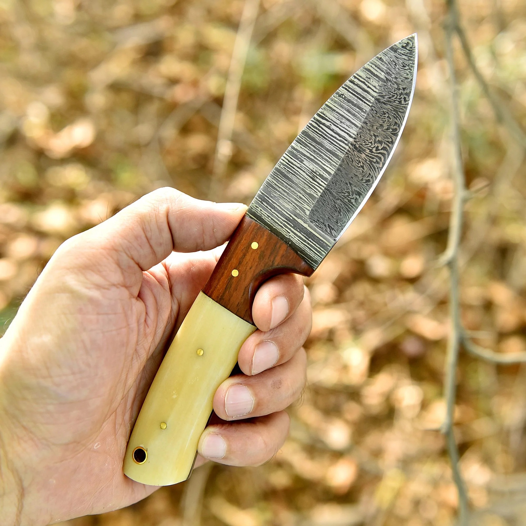 Handmade Damascus Steel Skinning Knife Wood Camel Bone Handle With Sheath - Image 3