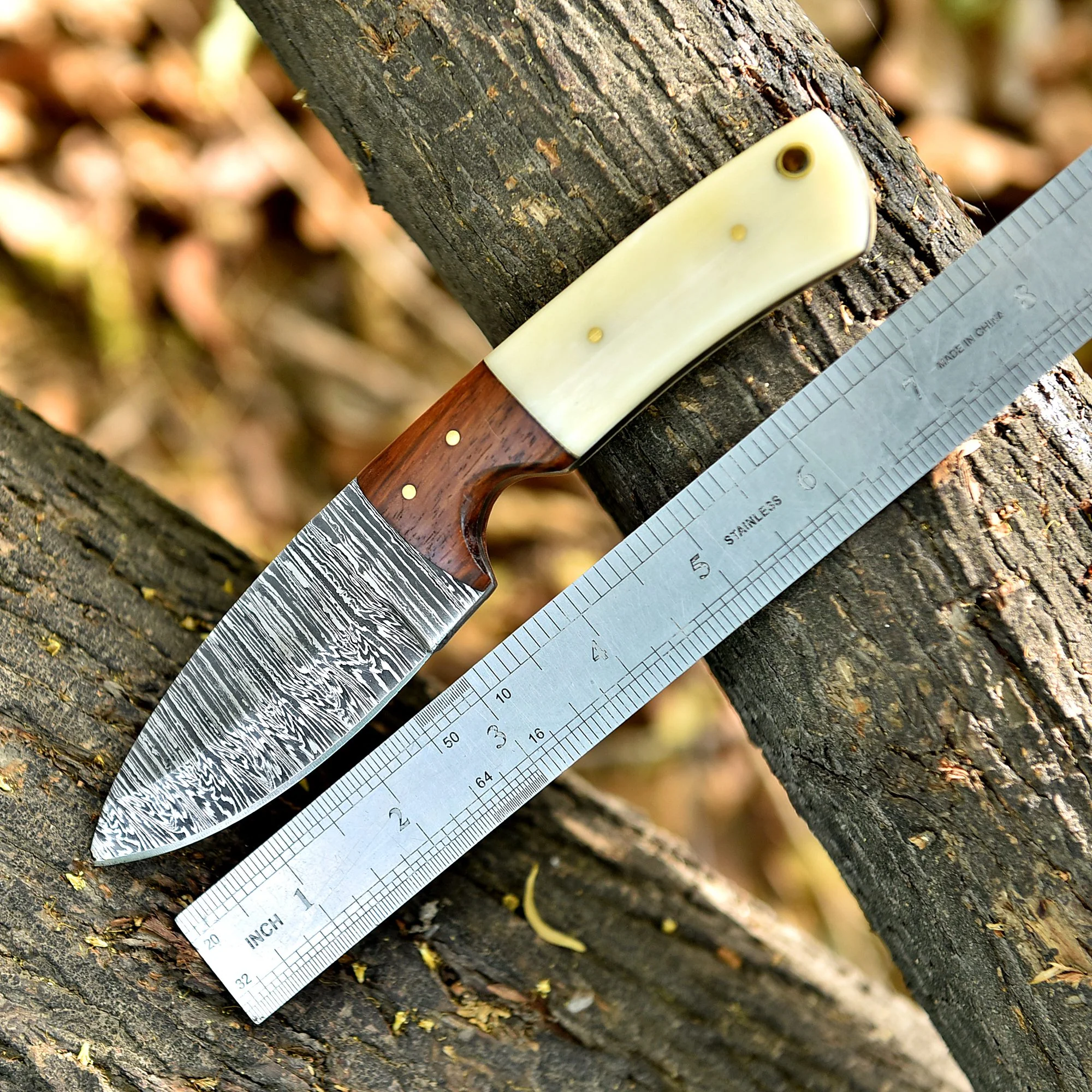 Handmade Damascus Steel Skinning Knife Wood Camel Bone Handle With Sheath - Image 4