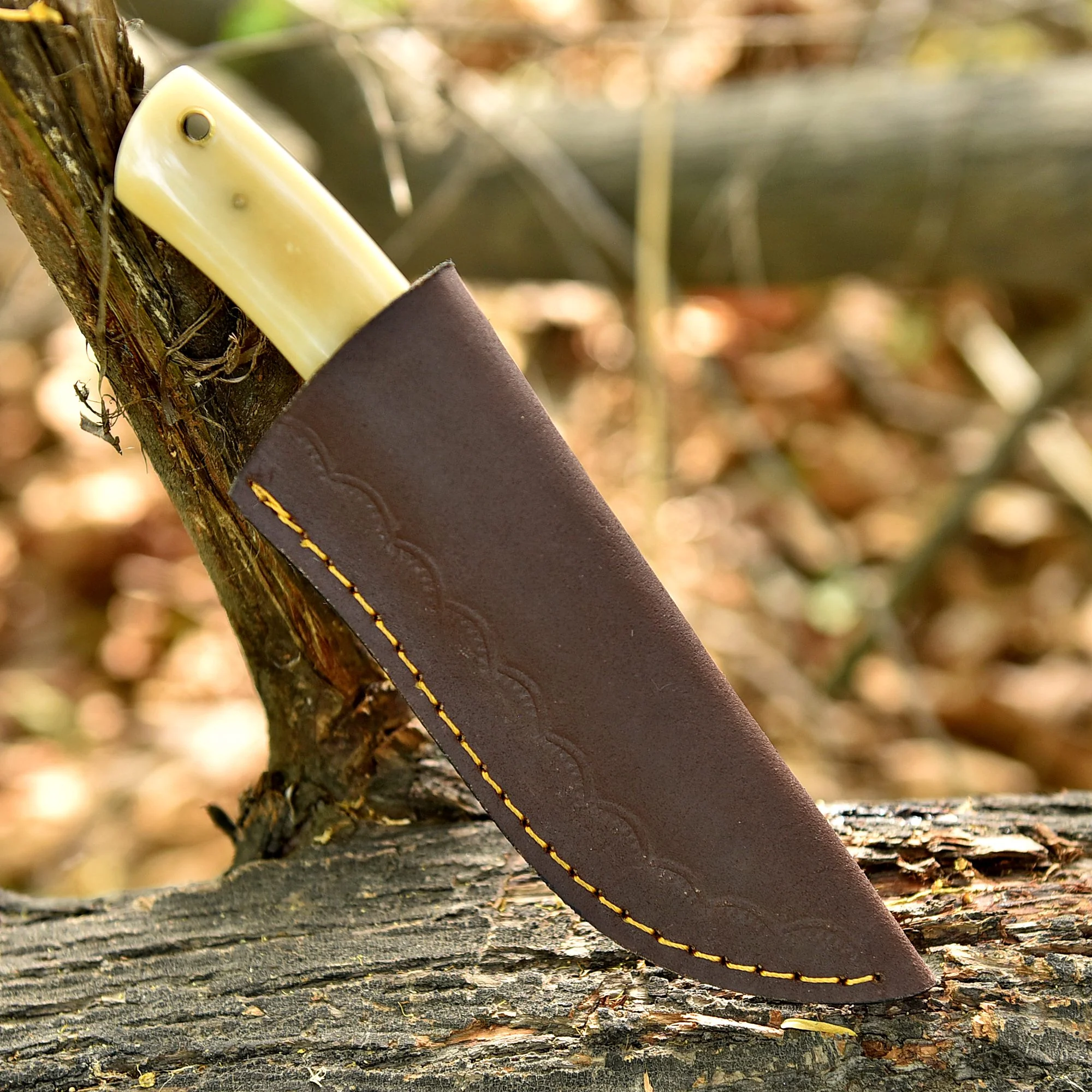 Handmade Damascus Steel Skinning Knife Wood Camel Bone Handle With Sheath - Image 5