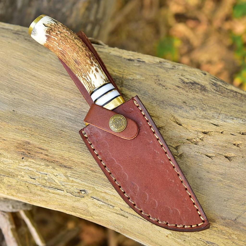 Handmade Damascus Steel Gut Hook Fixed Blade Skinning Knife Stag Antler Handle Brass Guard x-400 - Image 4