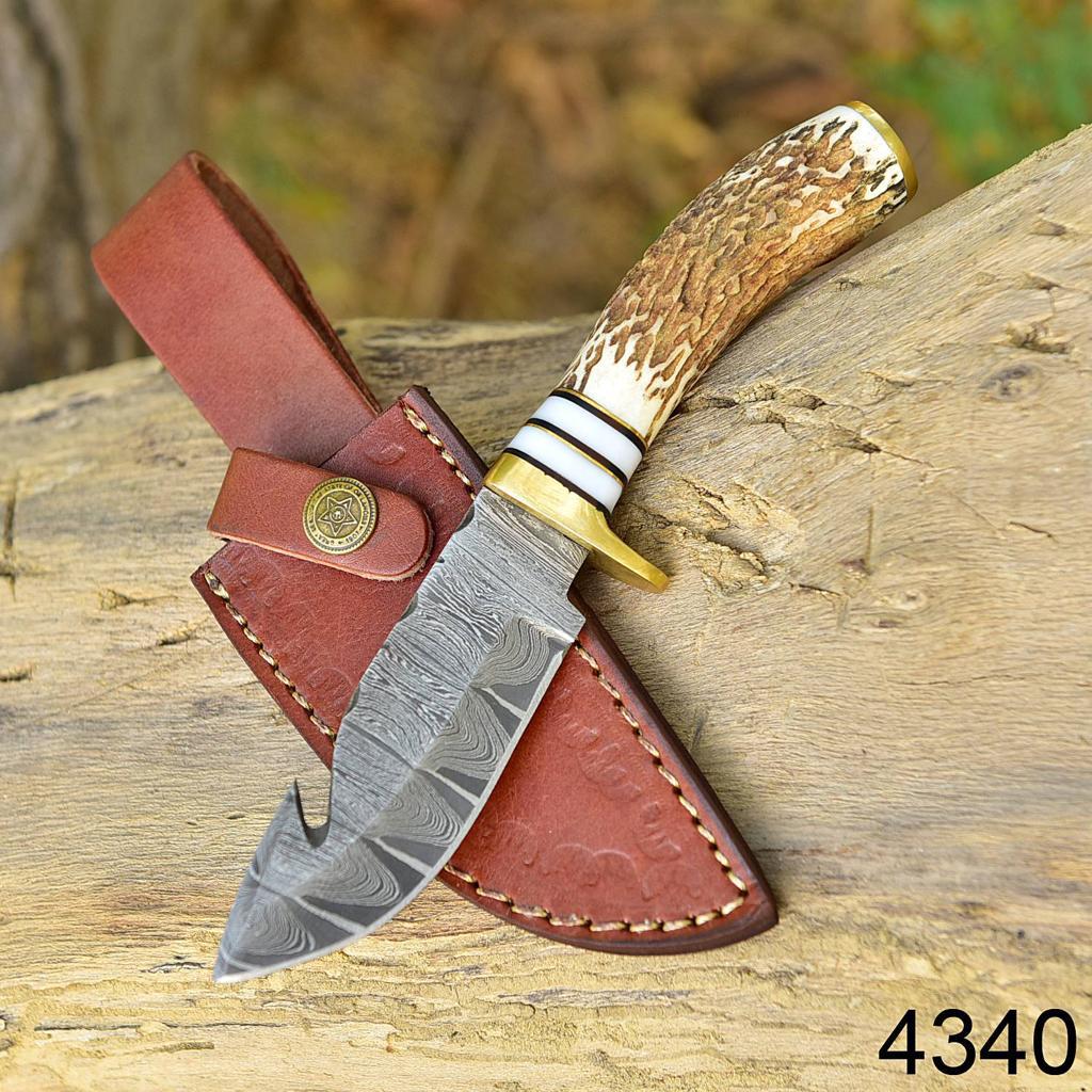 Handmade Damascus Steel Gut Hook Fixed Blade Skinning Knife Stag Antler Handle Brass Guard x-400 - Image 6