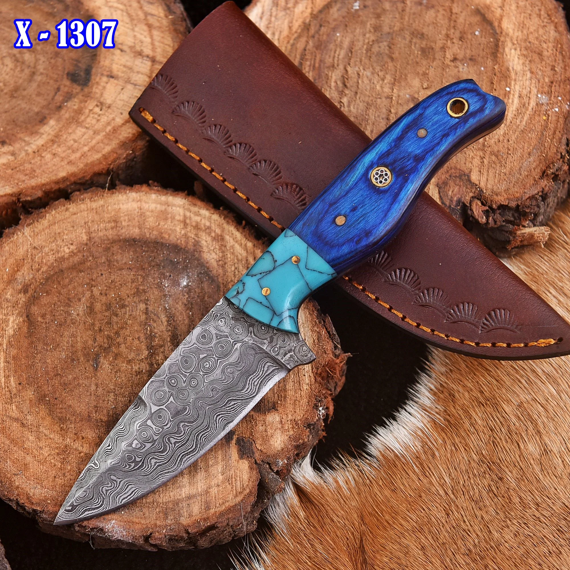 Handmade Damascus Steel Tactical Skinner Knife Wood Resin Handle EDC - Image 2