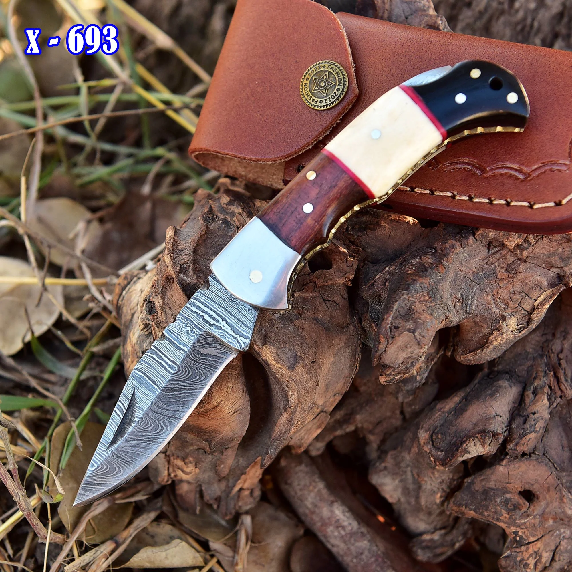 Handmade EDC Damascus Pocket Knife Wood Resin Camel Bone Handle - Image 2