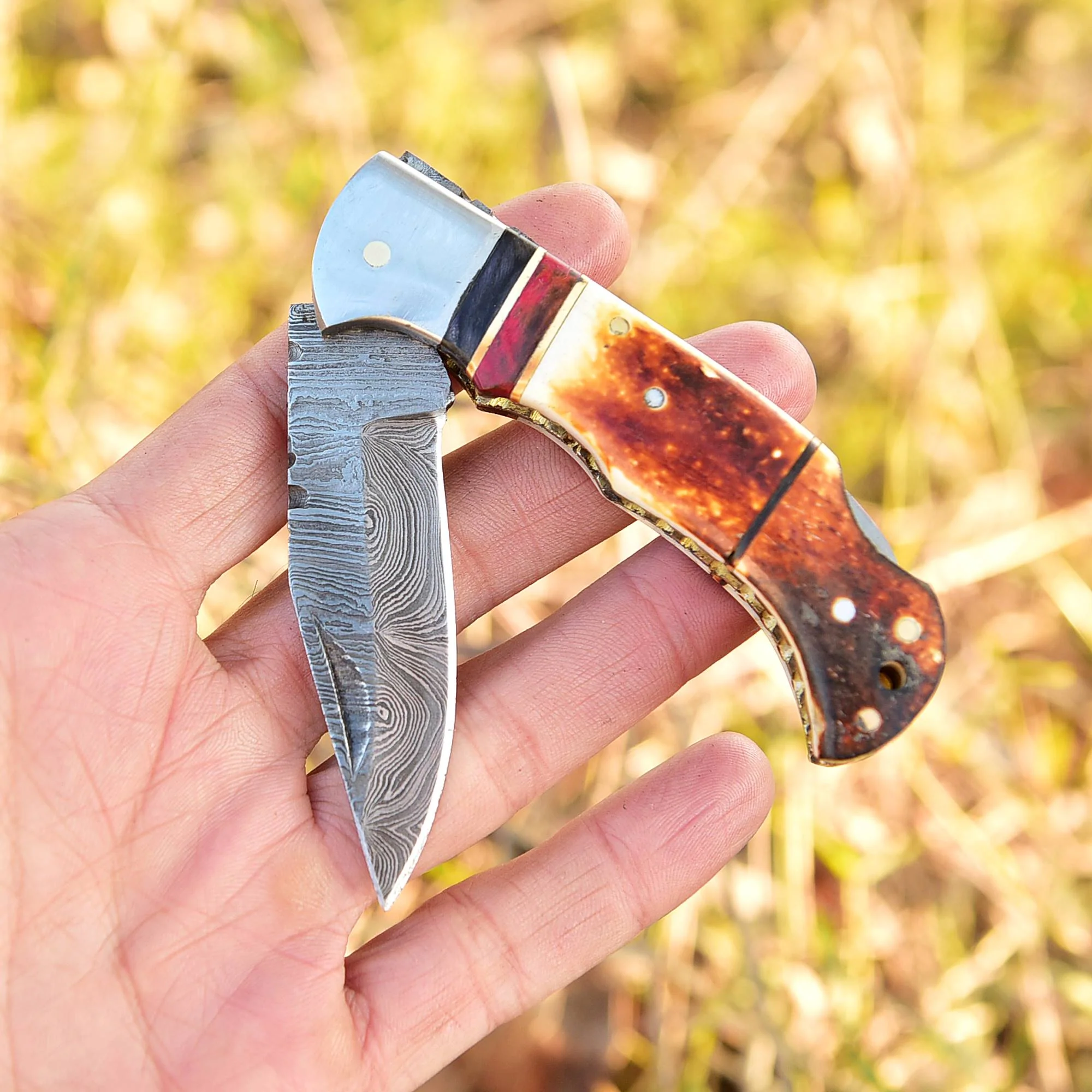 Handmade EDC Damascus Steel Folding Pocket Knife Stage Handle With Sheath