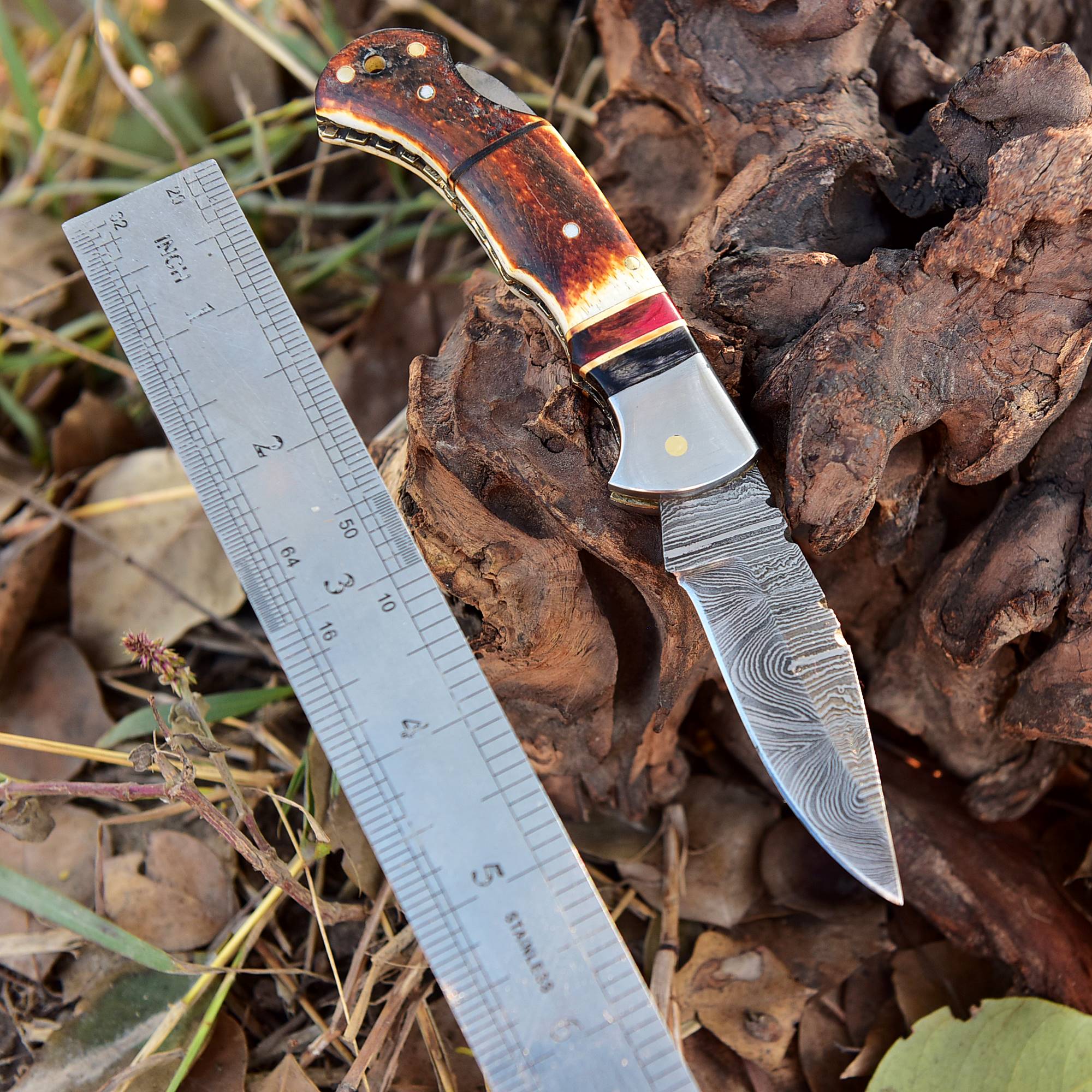 Handmade EDC Damascus Steel Folding Pocket Knife Stage Handle With Sheath - Image 3