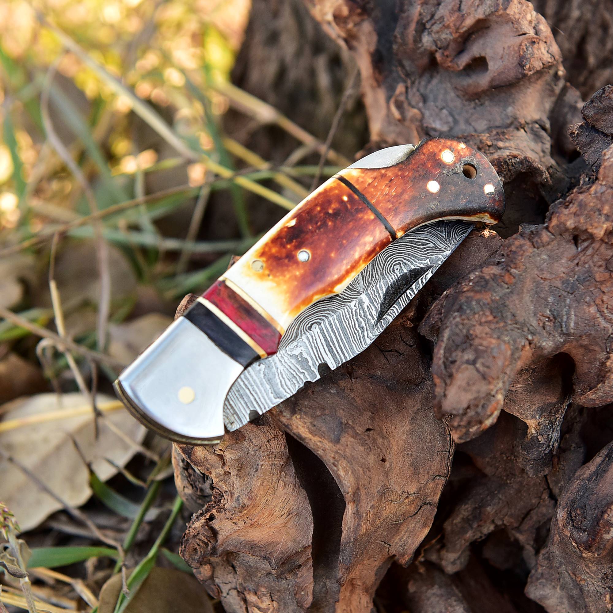 Handmade EDC Damascus Steel Folding Pocket Knife Stage Handle With Sheath - Image 5