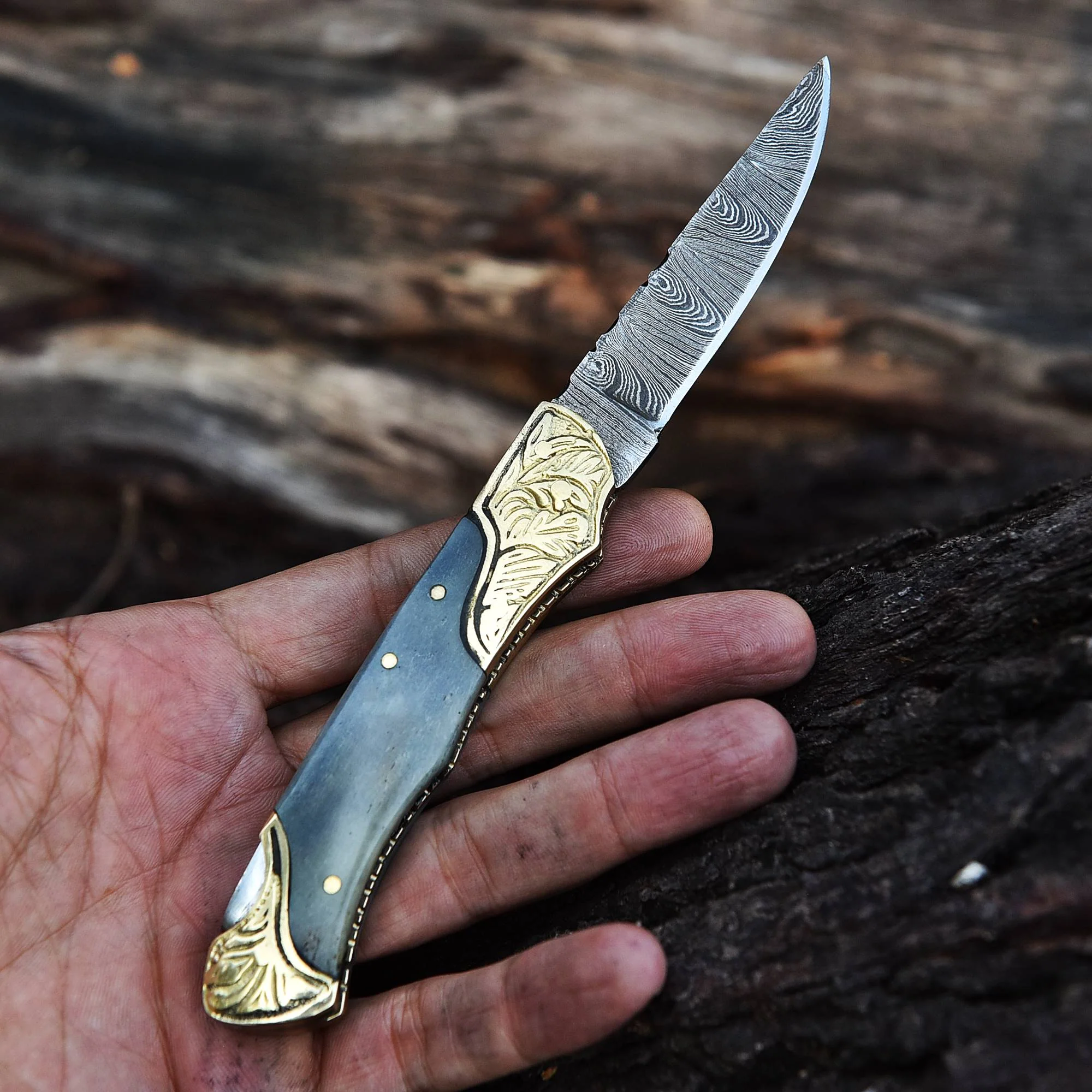 Handmade Folding Pocket Knife Camel Bone Engraved Double Brass Bolster Handle - Image 3