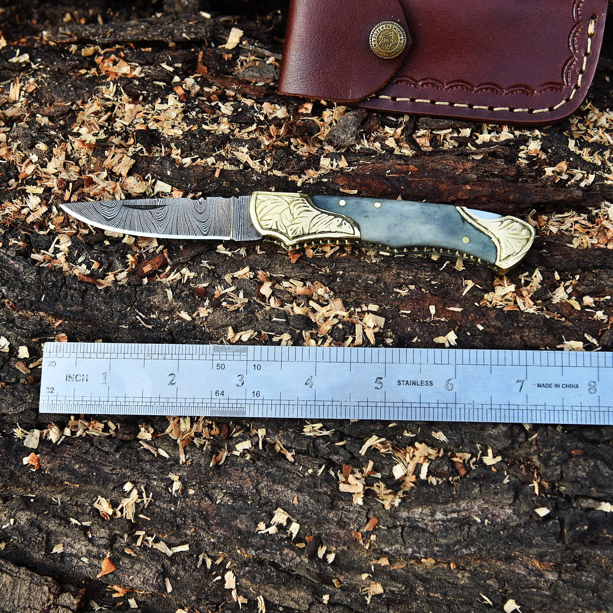 Handmade Folding Pocket Knife Camel Bone Engraved Double Brass Bolster Handle - Image 4