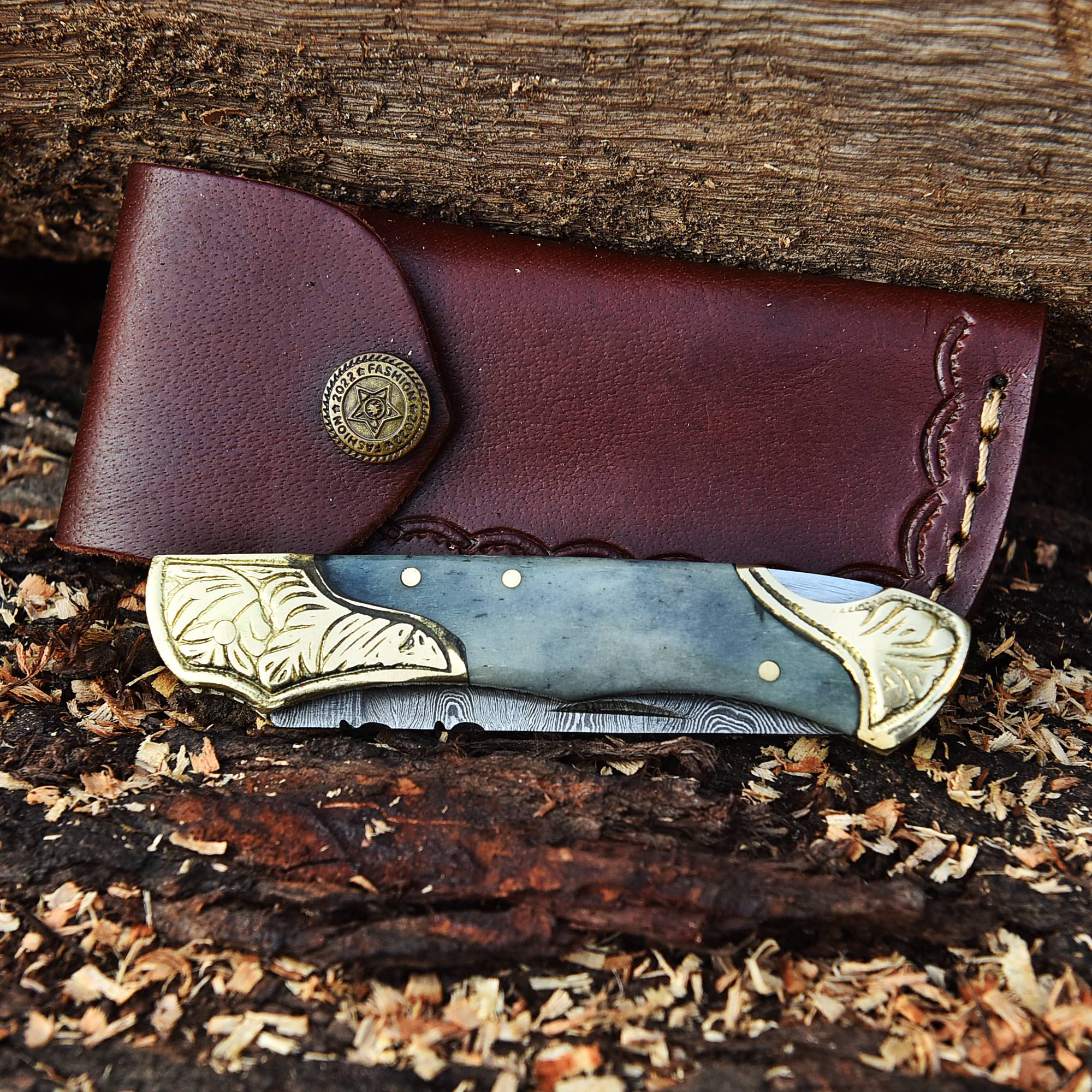 Handmade Folding Pocket Knife Camel Bone Engraved Double Brass Bolster Handle - Image 5