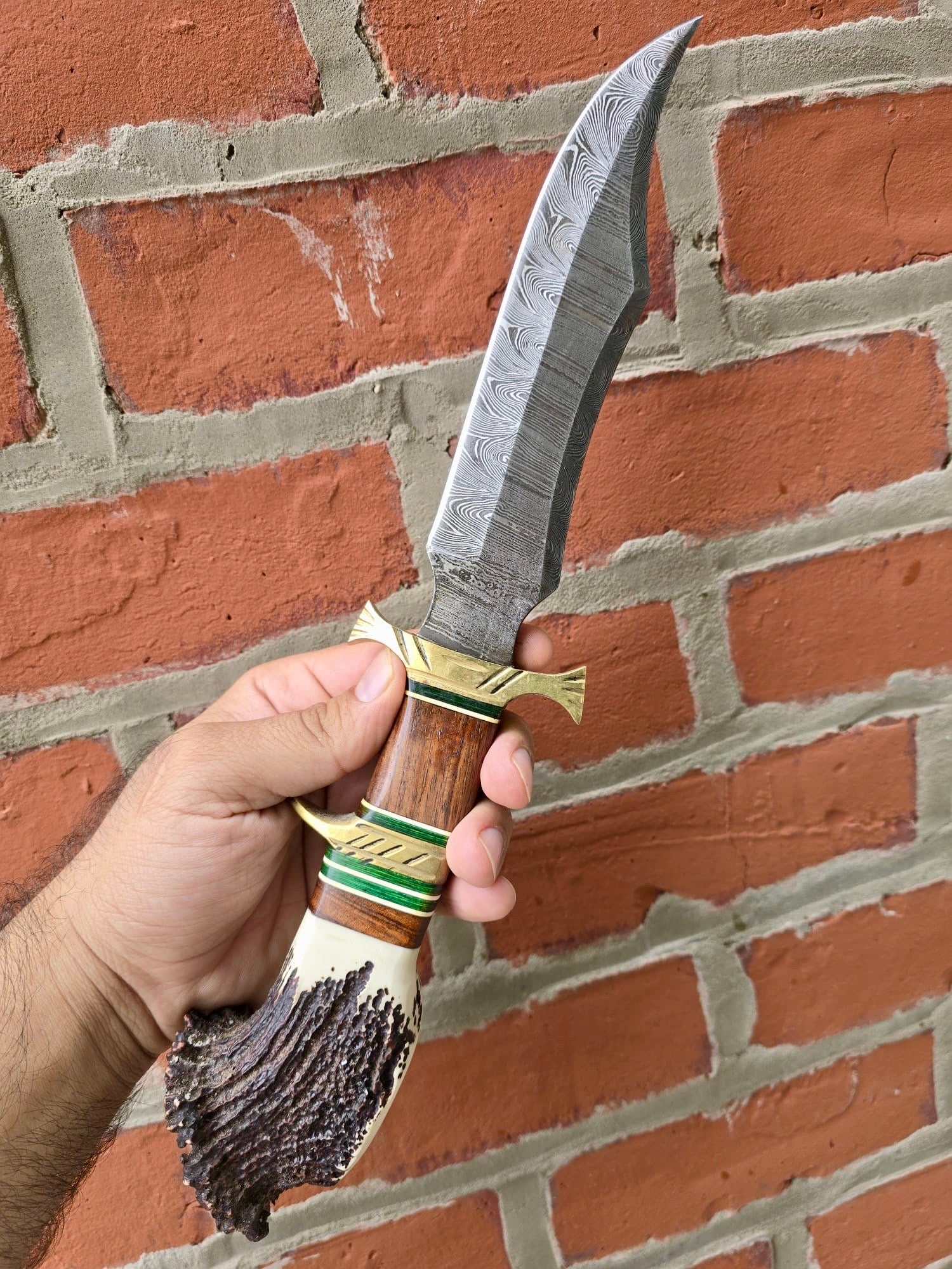 Handmade Forged Damascus Steel Bowie Rambo Knife with Deer Crown Stag Handle - Image 5