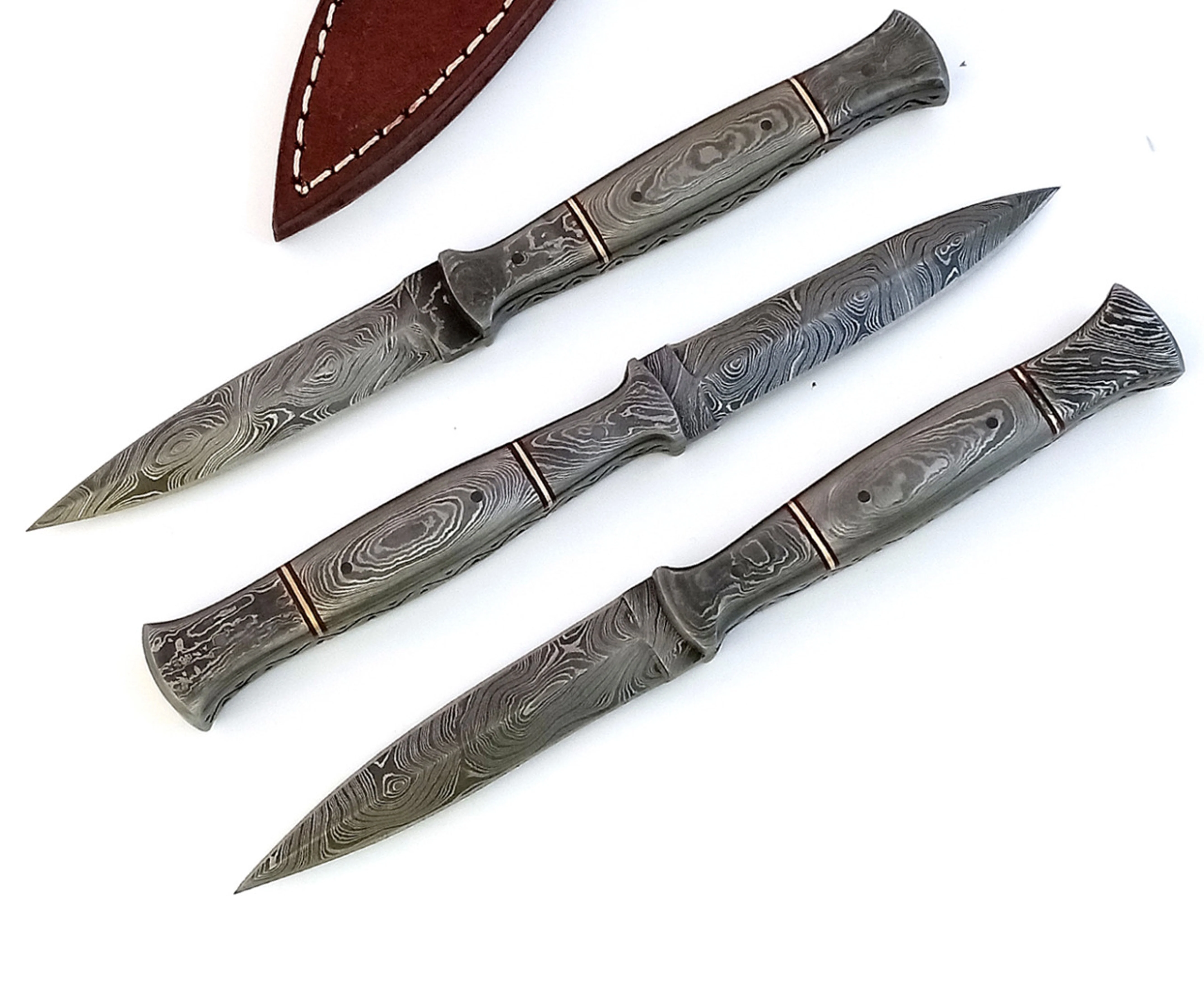 Handmade Forged Damascus Steel Double-Edged Fix blade Dagger Boot Knife Full Tang With Leather Sheath - Image 4
