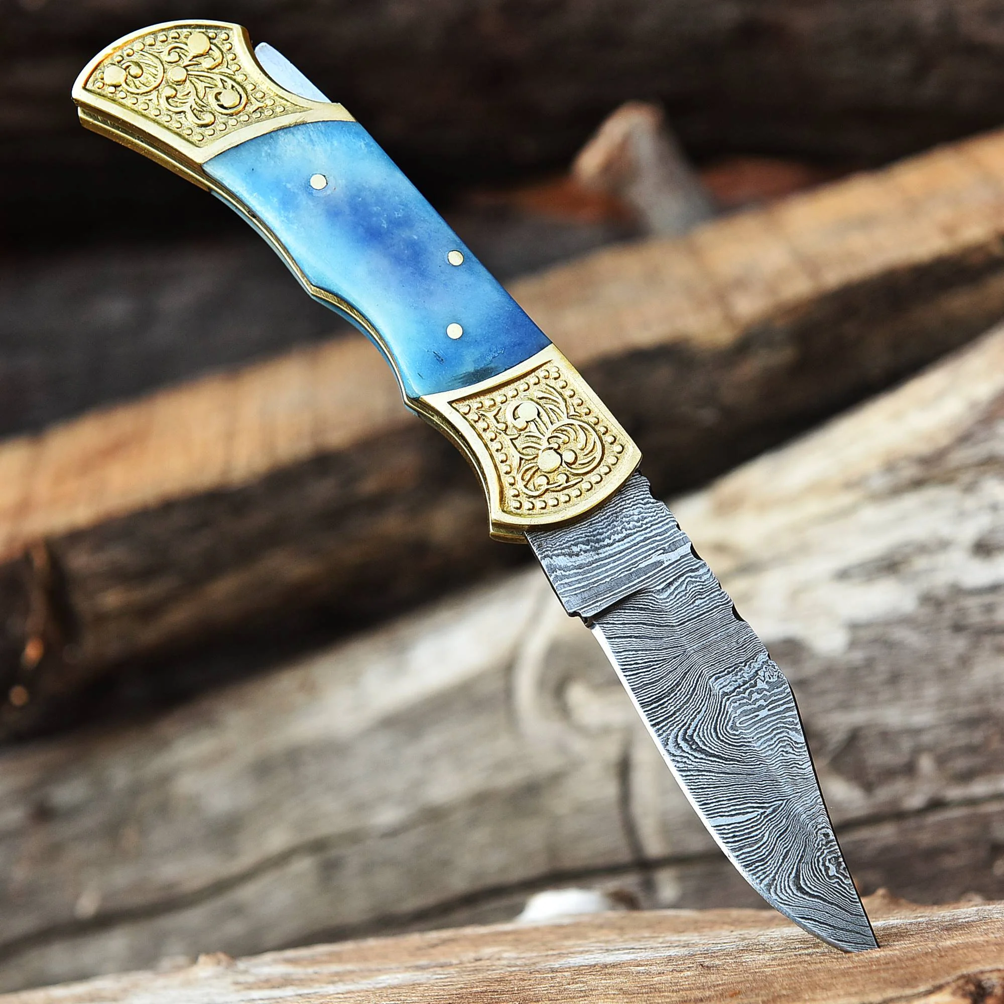 Handmade Damascus Steel Folding Blade Pocket Knife Lock Back - Blue Bone Handle - Image 3