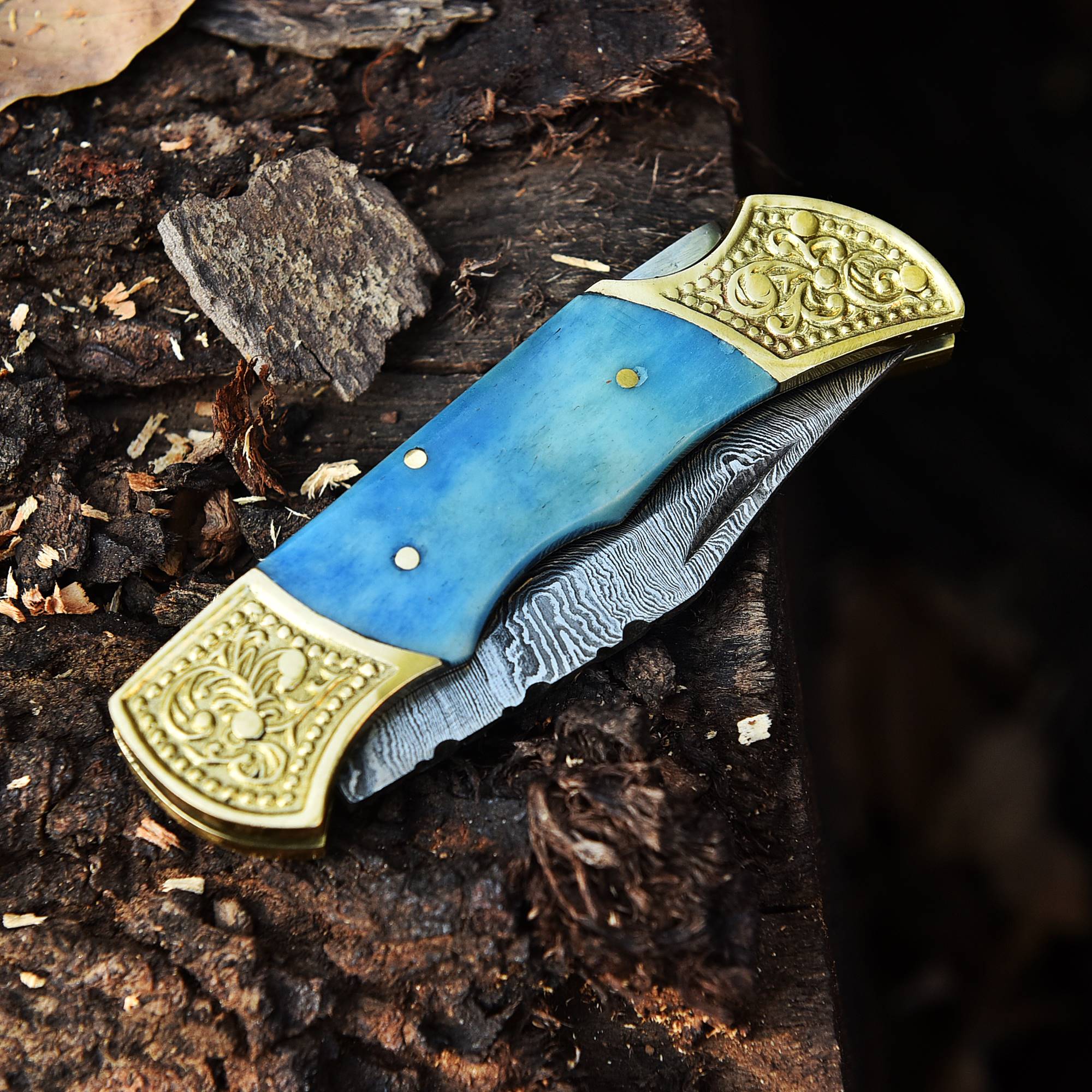Handmade Damascus Steel Folding Blade Pocket Knife Lock Back - Blue Bone Handle - Image 5