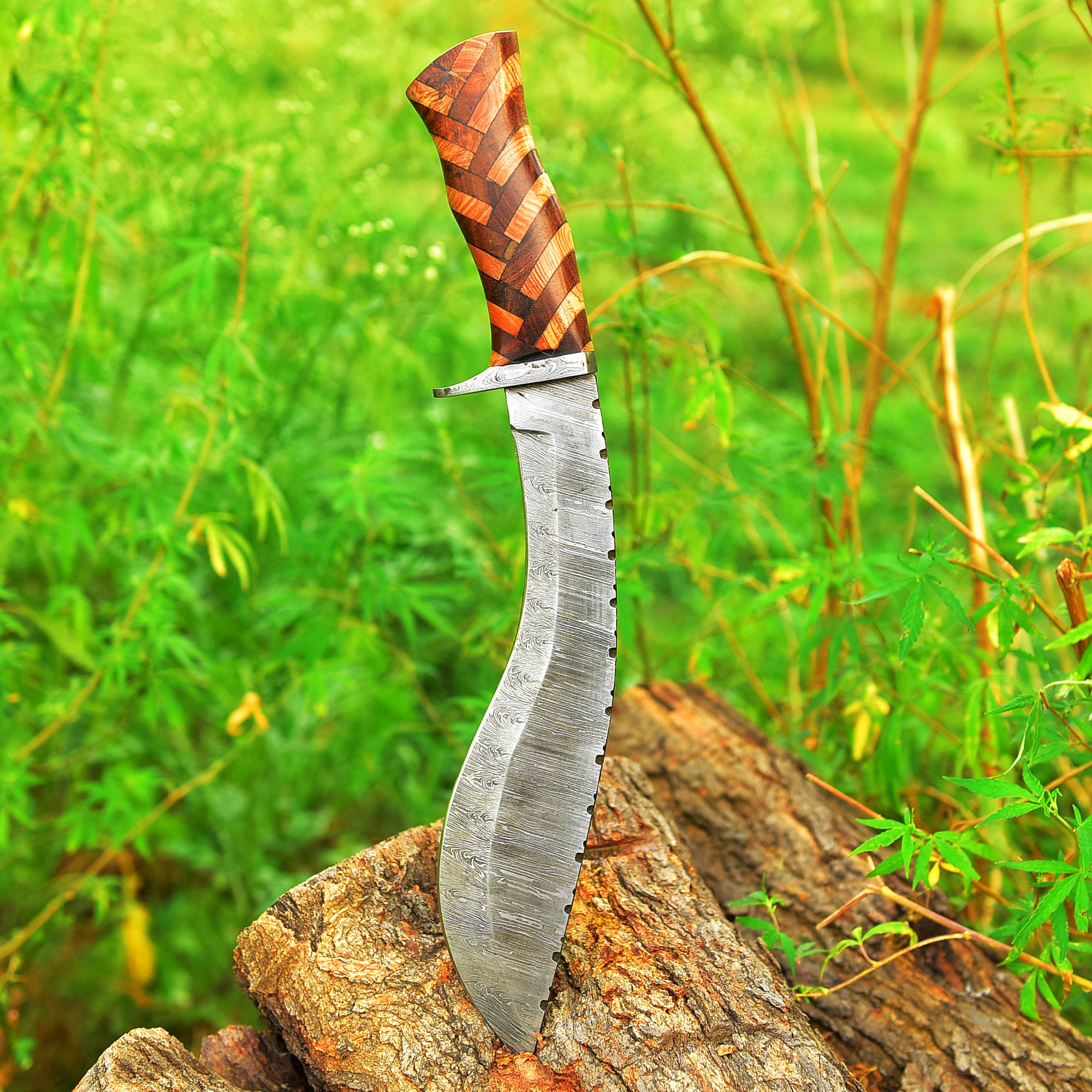 Handmade Forged Damascus Steel Hunting Bushcraft Kukri Knife Survival EDC 16” With Olive Wood Rose Wood Handle - Image 5