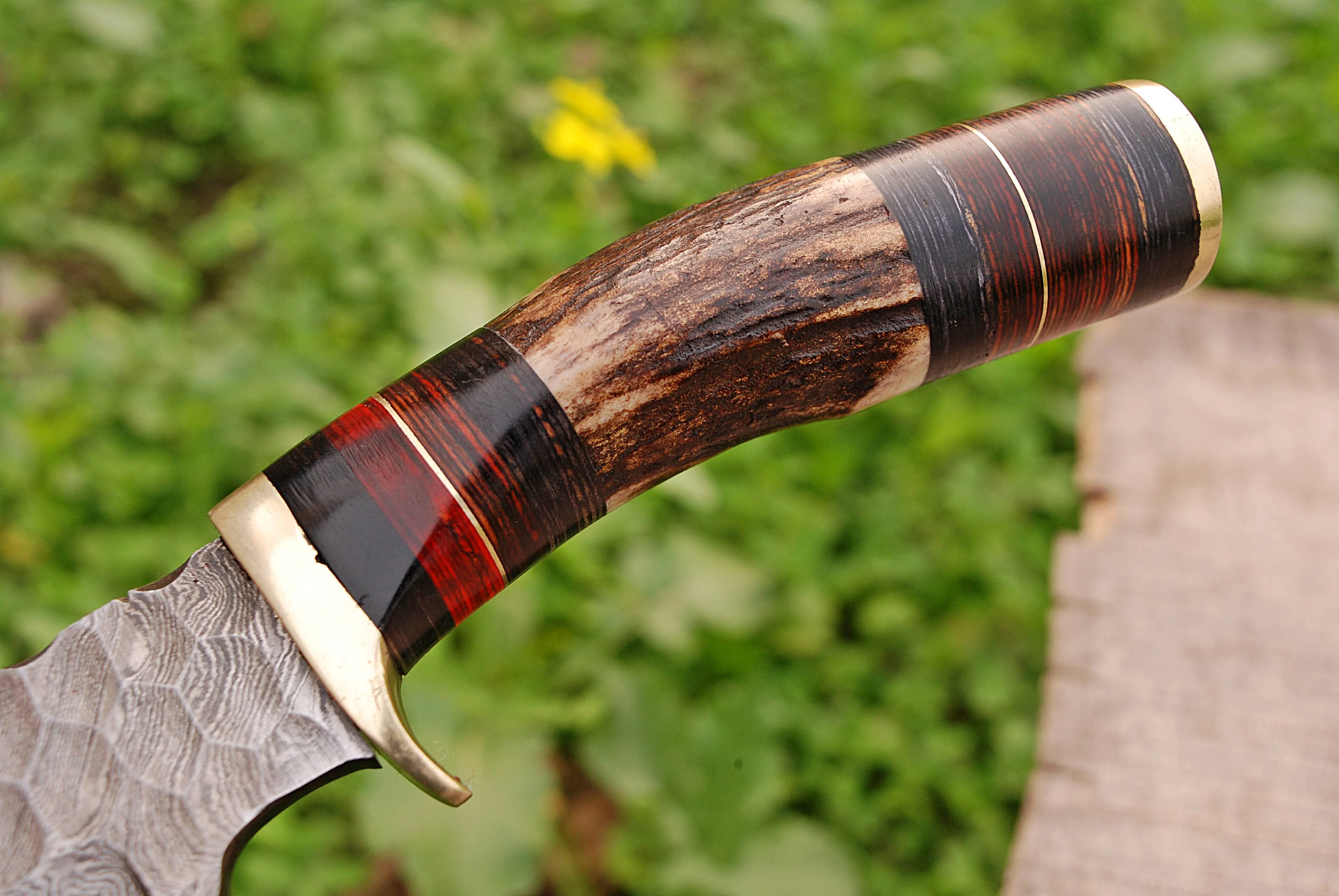 Handmade Forged Damascus Steel Kitchen Utility Knife Outdoor Camping with Deer Stag Antler Handle and Leather Sheath - Image 5