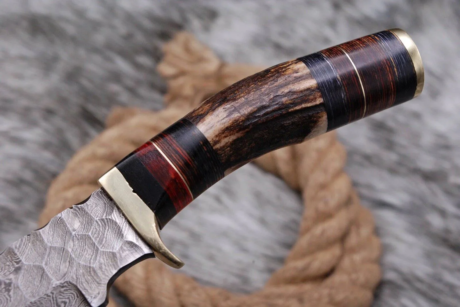 Handmade Forged Damascus Steel Kitchen Utility Knife with Deer Stag Antler Handle and Leather Sheath - Image 3