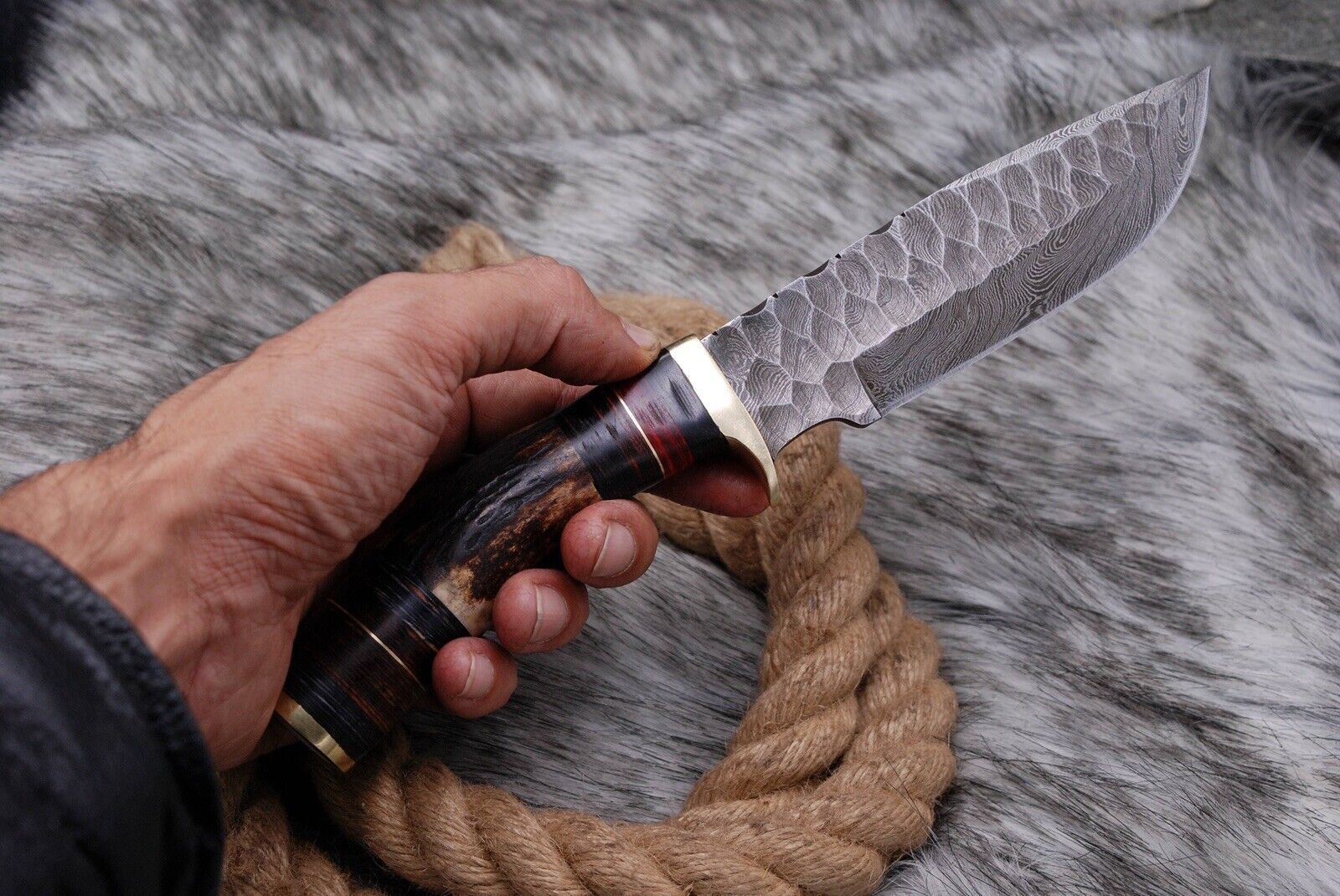 Handmade Forged Damascus Steel Kitchen Utility Knife with Deer Stag Antler Handle and Leather Sheath - Image 4
