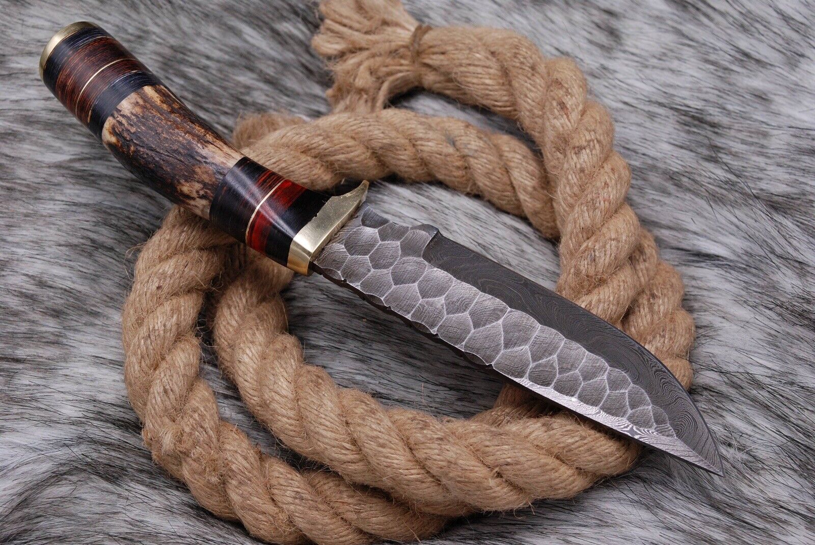 Handmade Forged Damascus Steel Kitchen Utility Knife with Deer Stag Antler Handle and Leather Sheath - Image 5