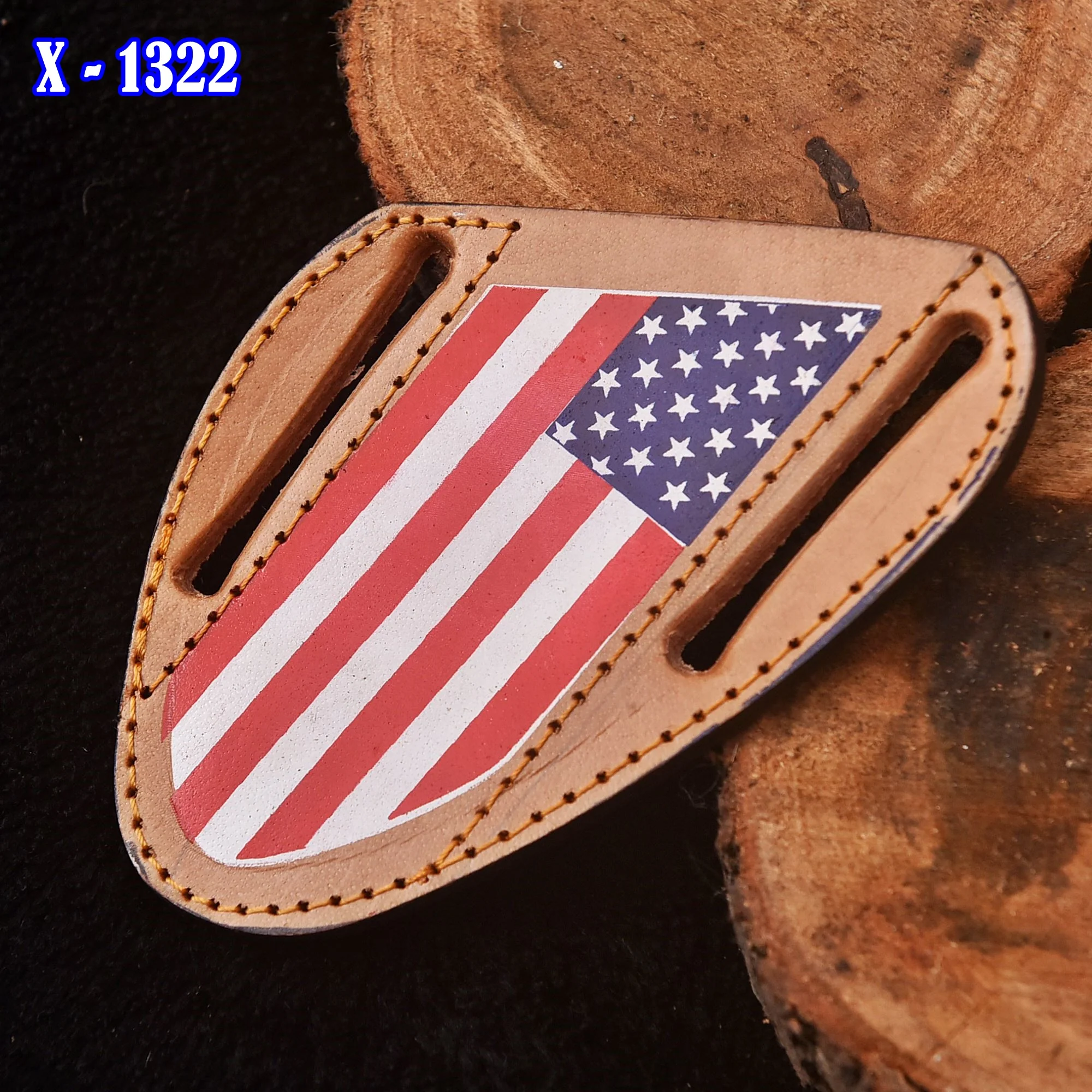 Handmade Heavy Duty American Flag Engraved Leather Folding Knife Sheath - Image 2