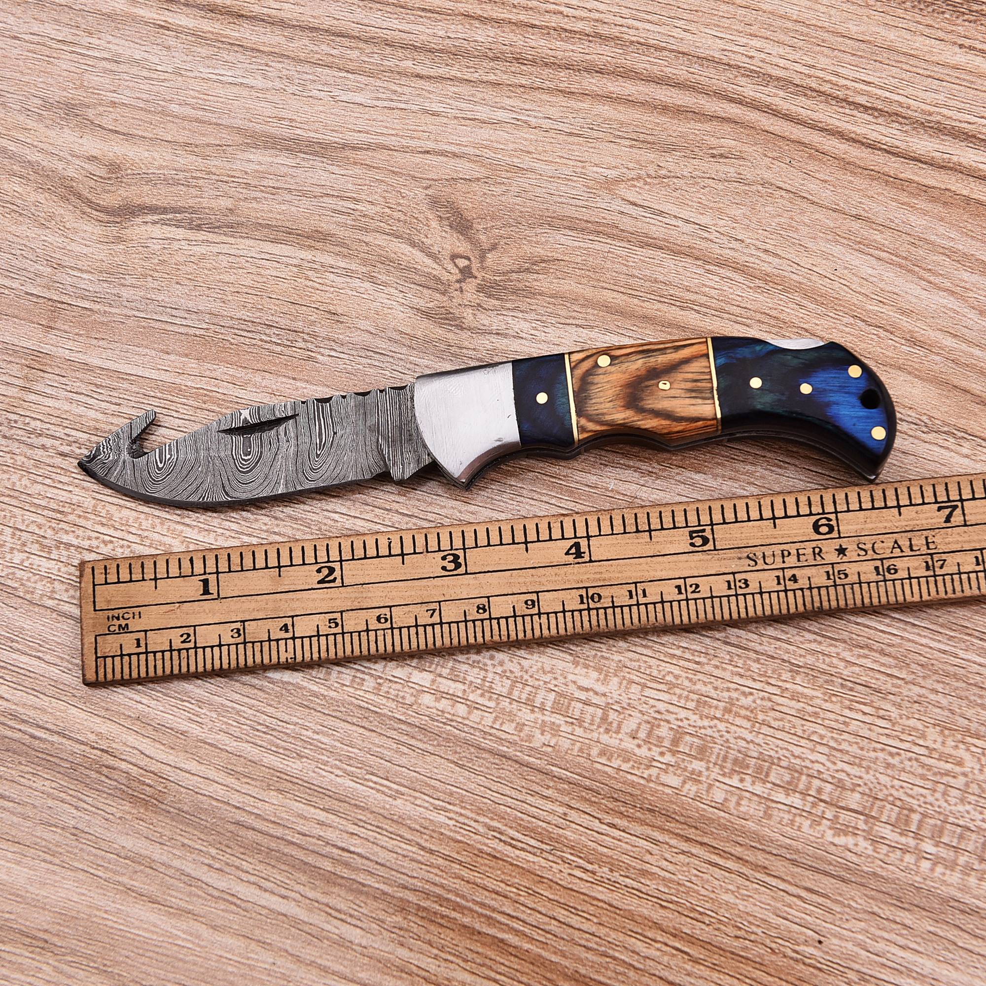 Handmade Hiking Adventure Damascus Steel Blade Pocket Knife Wood Handle - Image 6