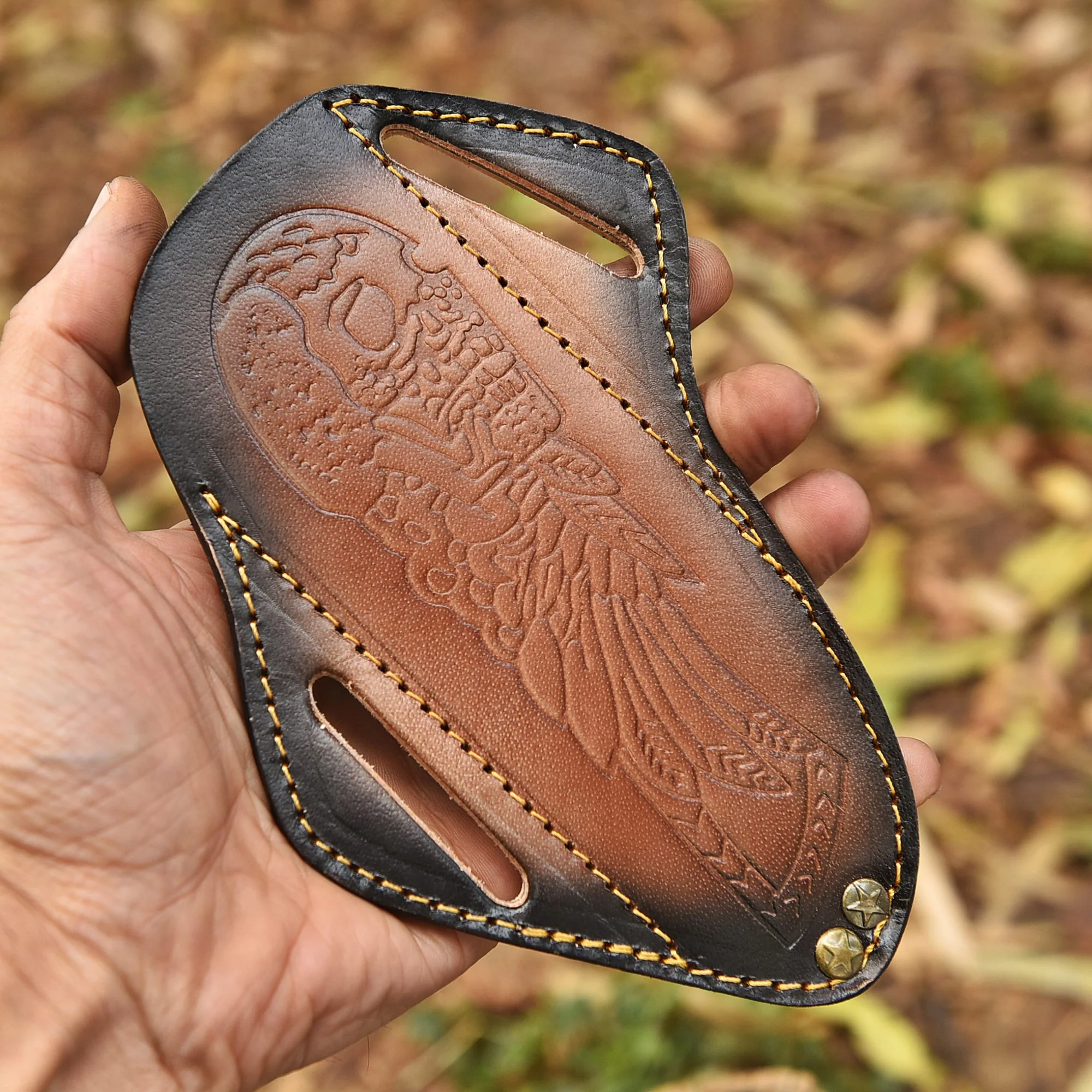 Handmade Leather Fixed Blade Knife Sheath Skull Embossed Belt Holster - Image 2