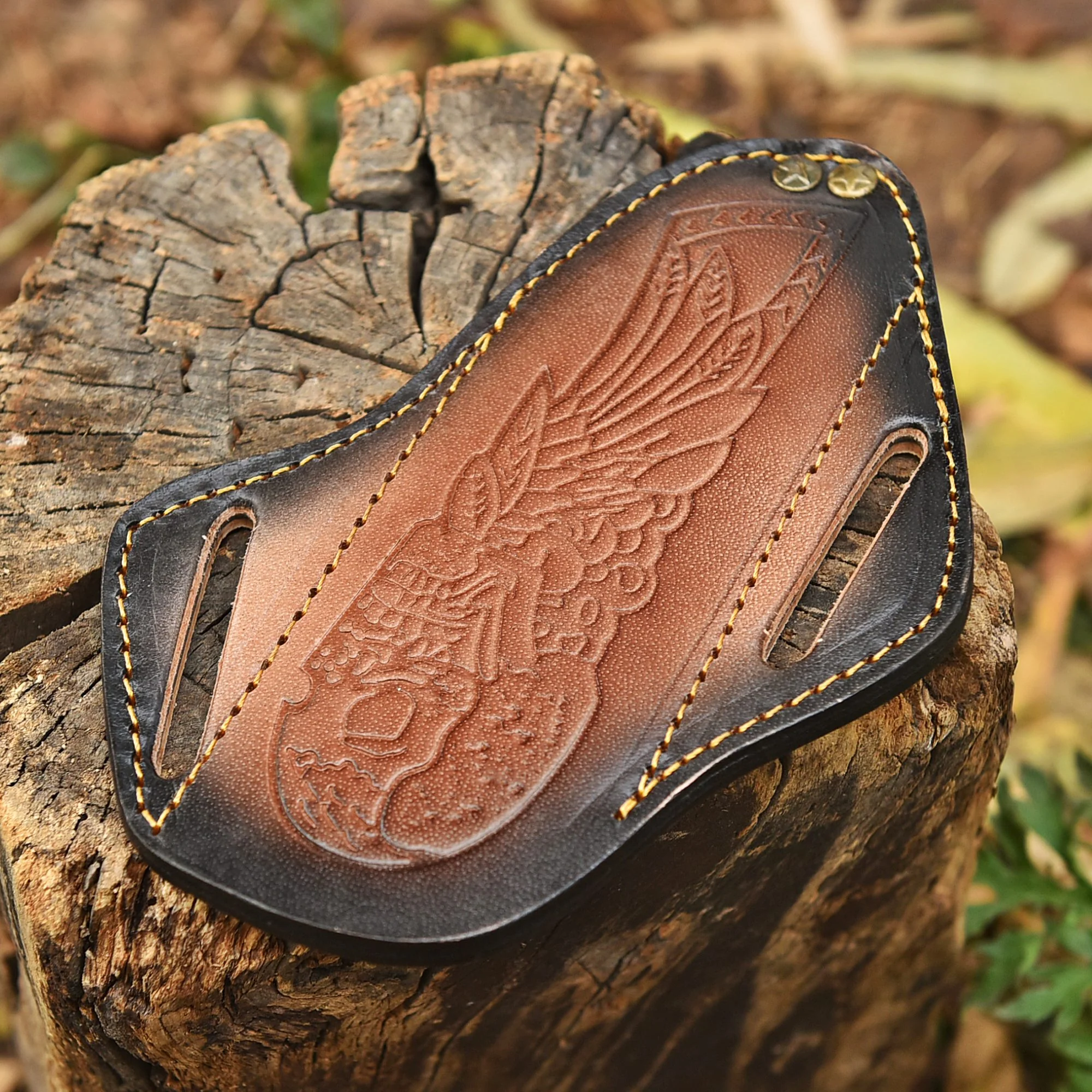 Handmade Leather Fixed Blade Knife Sheath Skull Embossed Belt Holster - Image 3