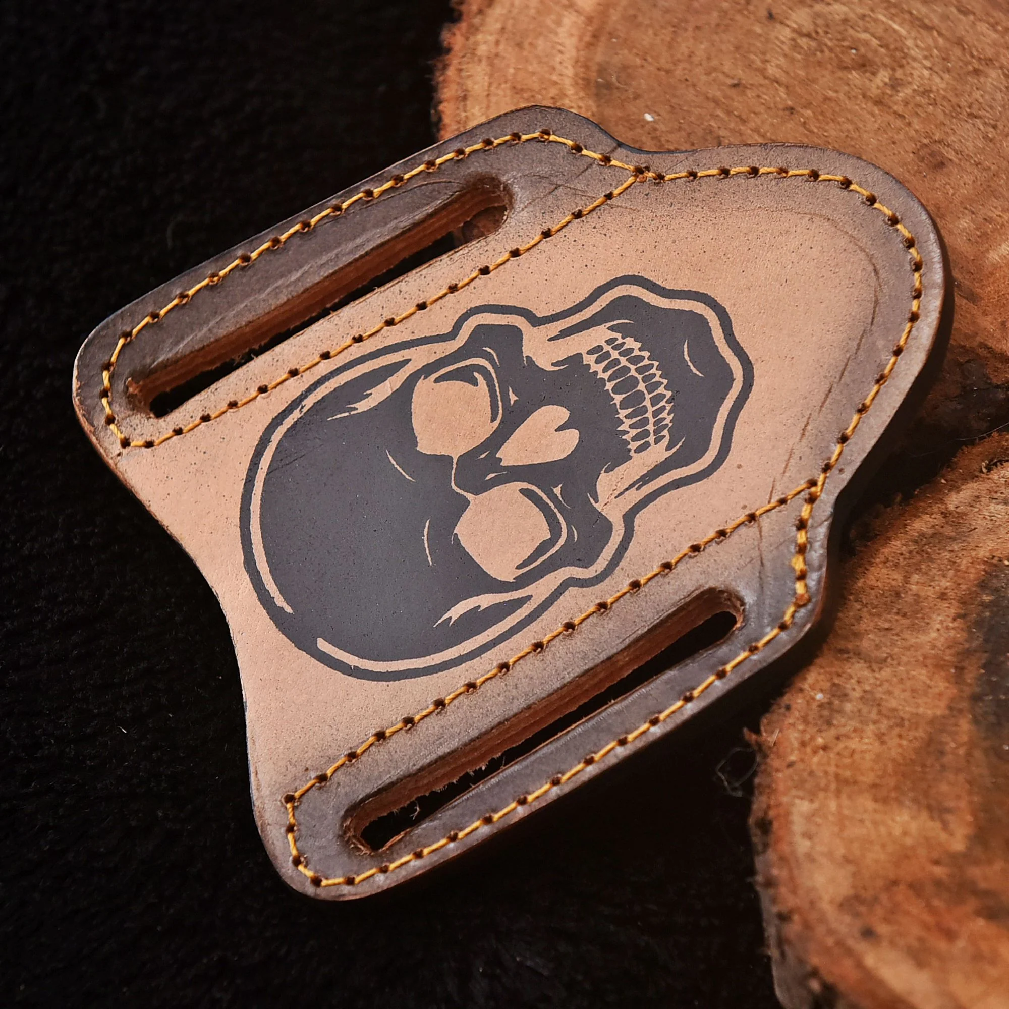 Handmade Skull Engraved Leather Folding Knife Sheath Tactical EDC Carry - Image 3