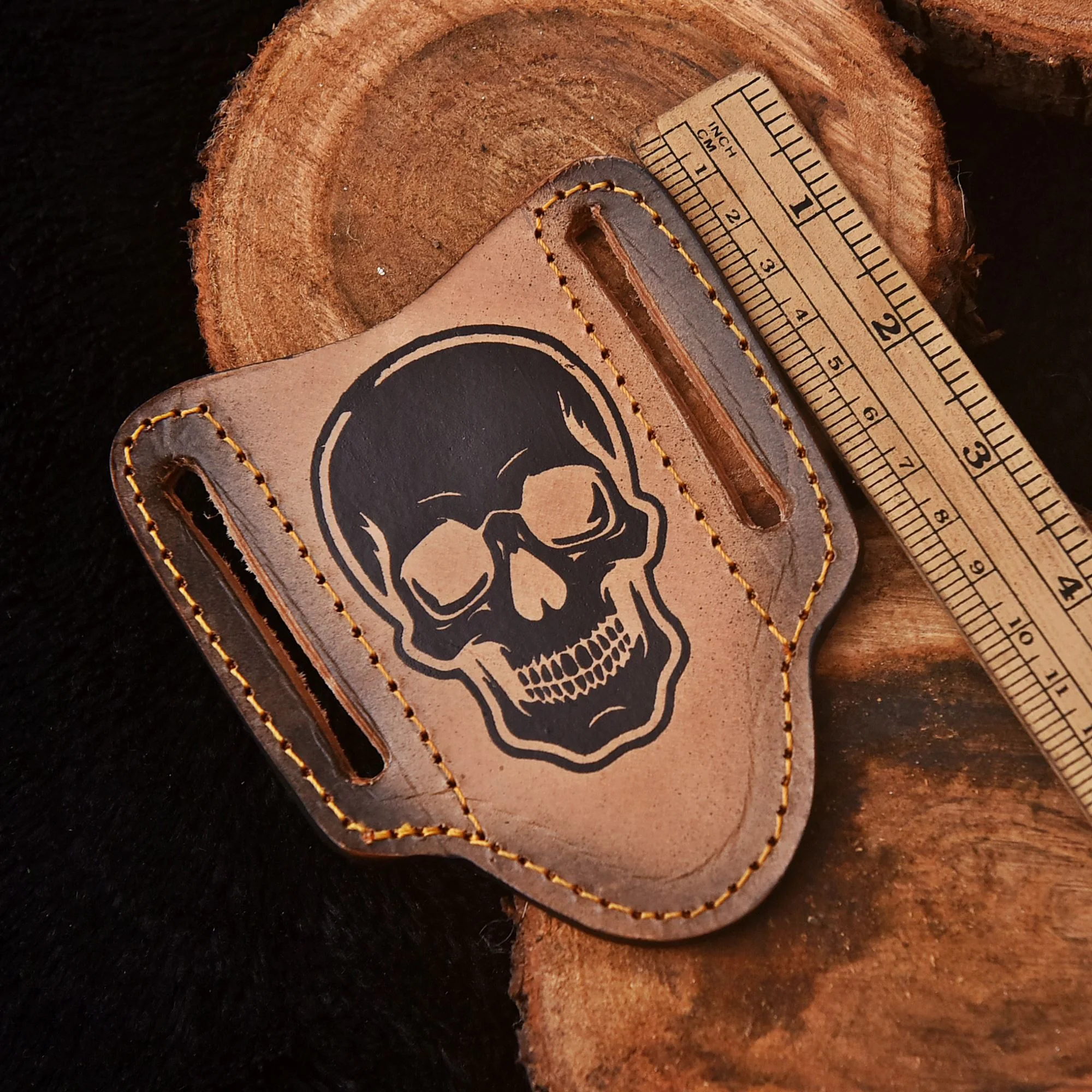 Handmade Skull Engraved Leather Folding Knife Sheath Tactical EDC Carry - Image 5