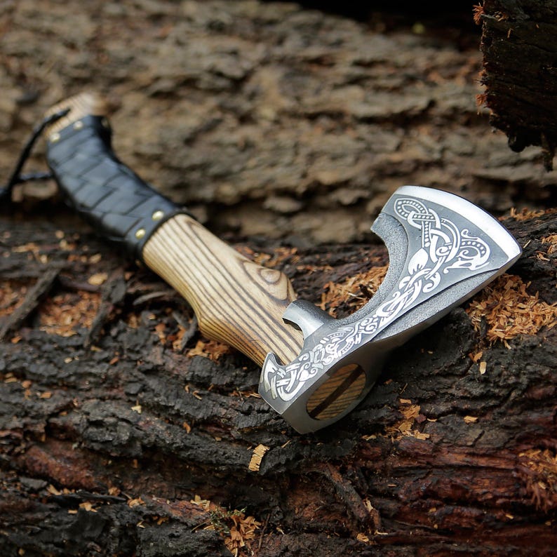 Handmade Viking Bearded Axe Nordic Engraved Camping Hatchet Outdoor Tool - Image 2