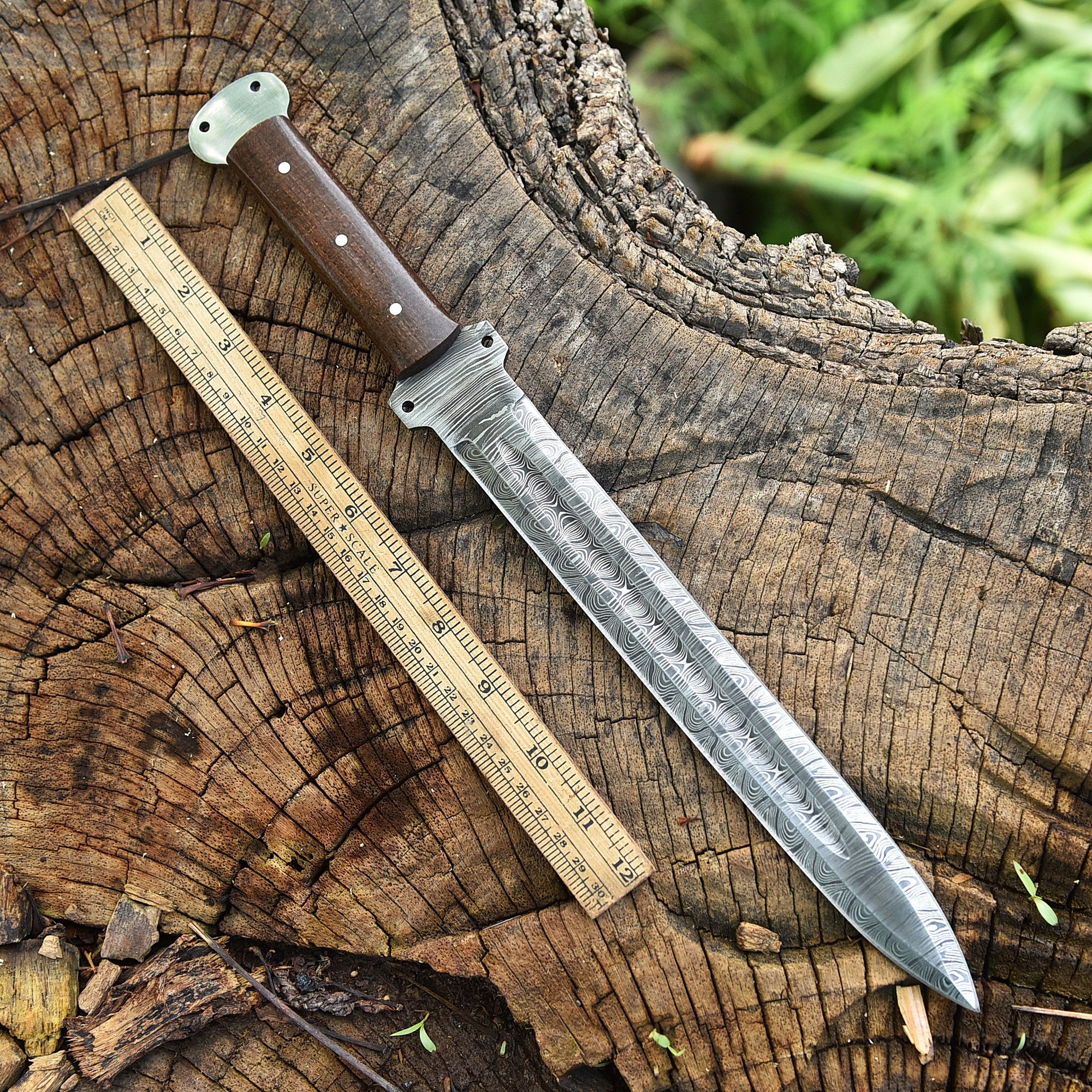 High End Custom Damascus Steel Double Edged Blade Dagger Wood Handle - Image 2