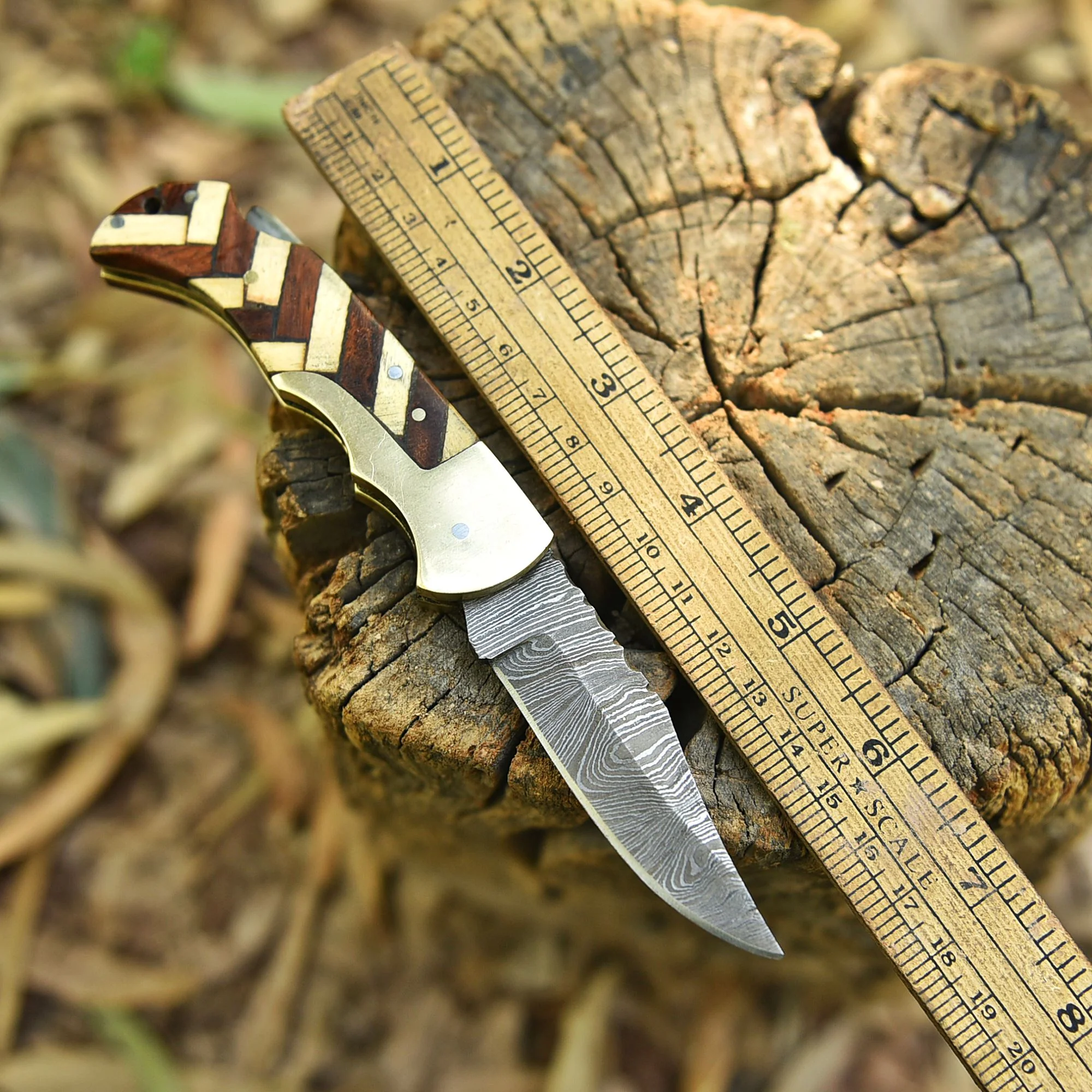 Outdoor Adventure Damascus Steel Folding Blade Pocket Knife EDC Wood Handle - Image 2