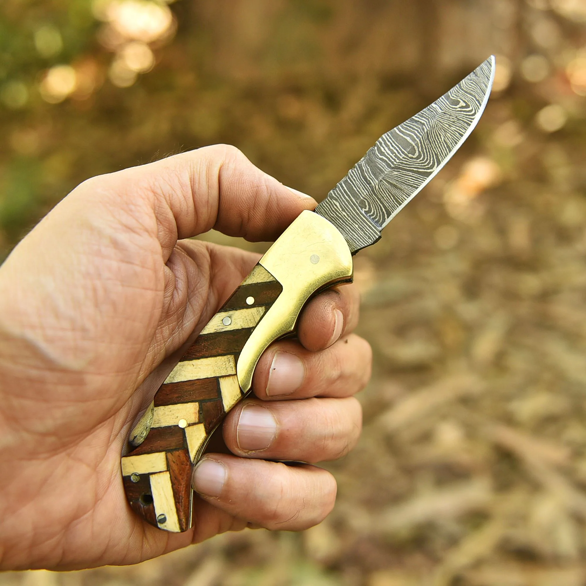 Outdoor Adventure Damascus Steel Folding Blade Pocket Knife EDC Wood Handle - Image 3