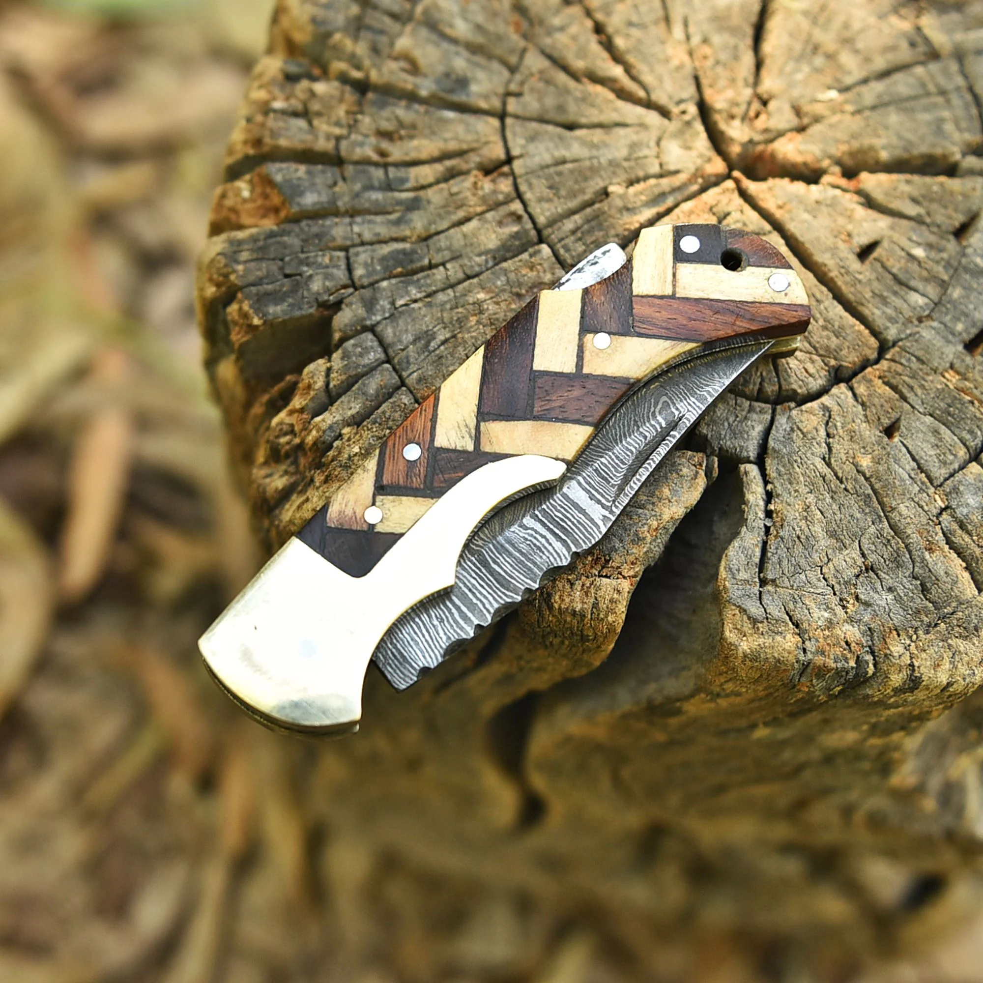 Outdoor Adventure Damascus Steel Folding Blade Pocket Knife EDC Wood Handle - Image 5