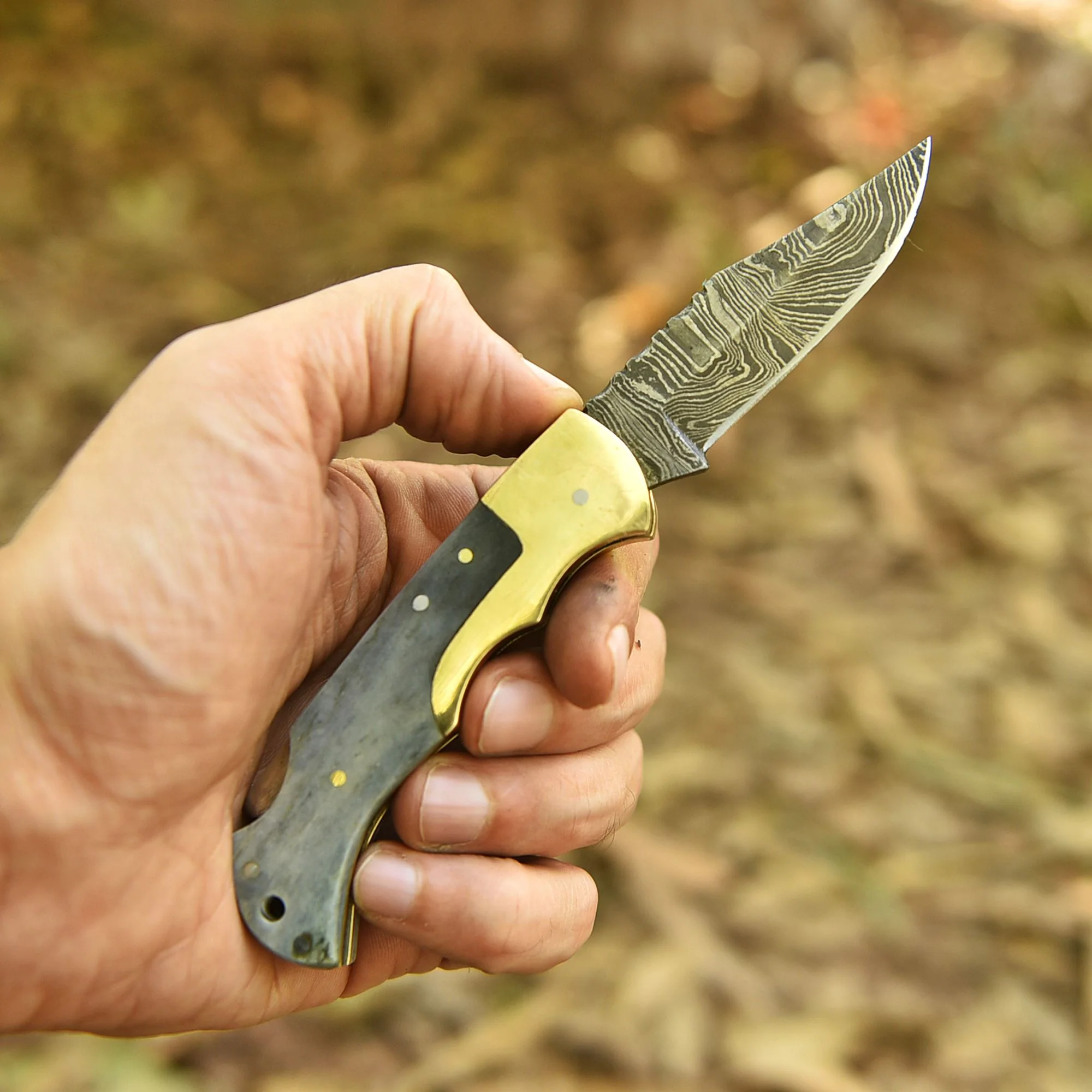 Outdoor Camping Hunting Damascus Steel Folding Knife Camel Bone Handle - Image 3