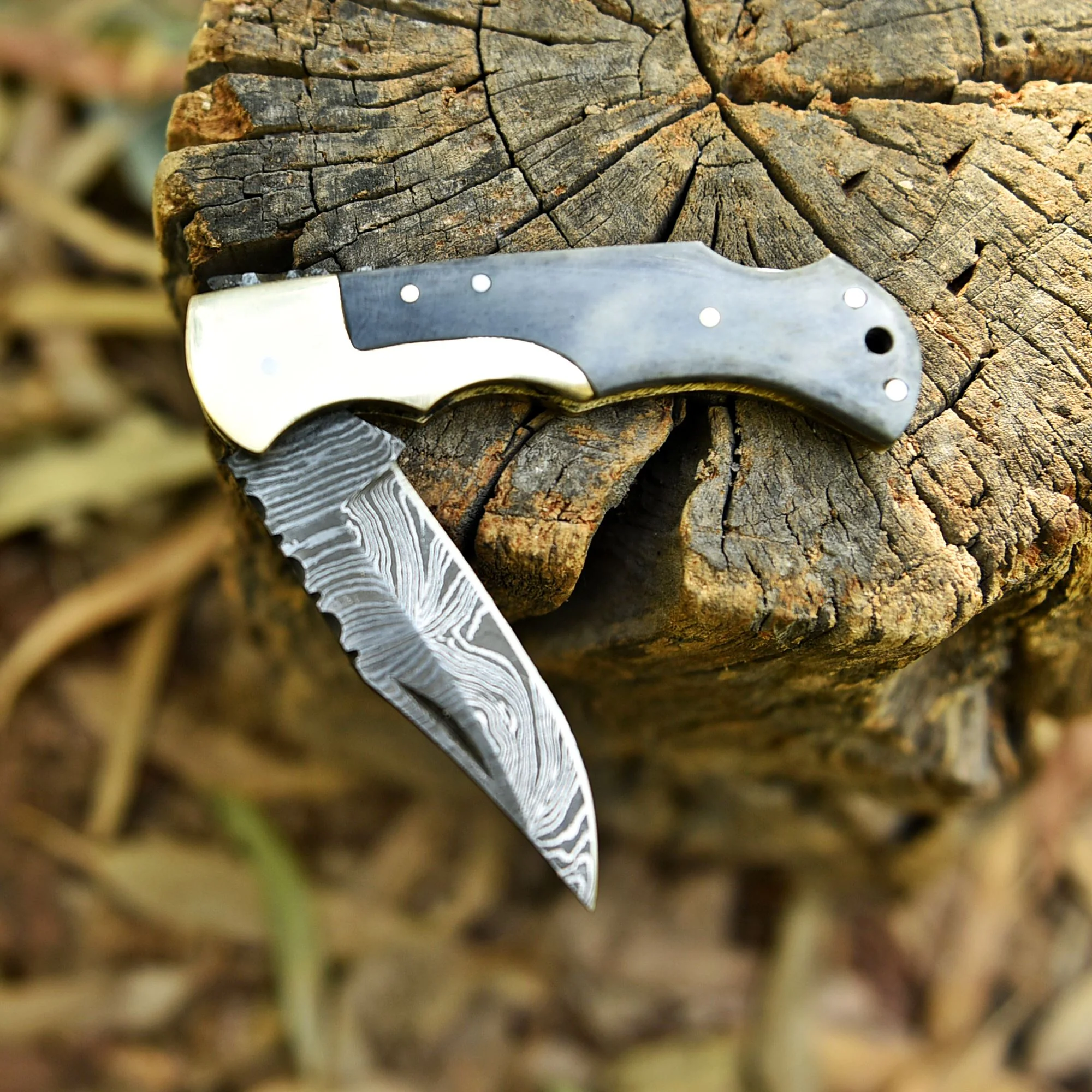 Outdoor Camping Hunting Damascus Steel Folding Knife Camel Bone Handle - Image 4