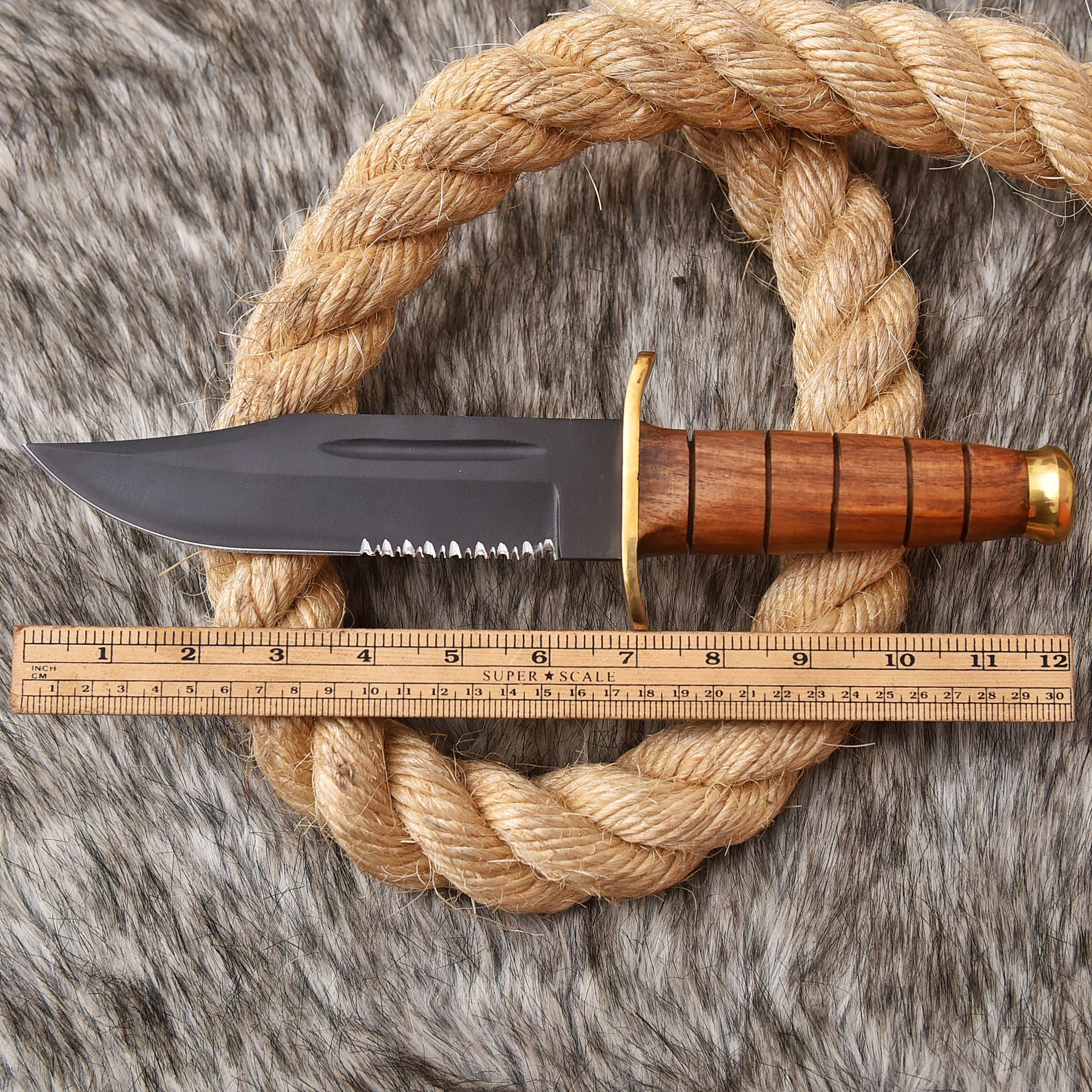 Outdoor Carbon Steel Fixed Blade Hunting Knife Wood Brass Guard Handle - Image 4