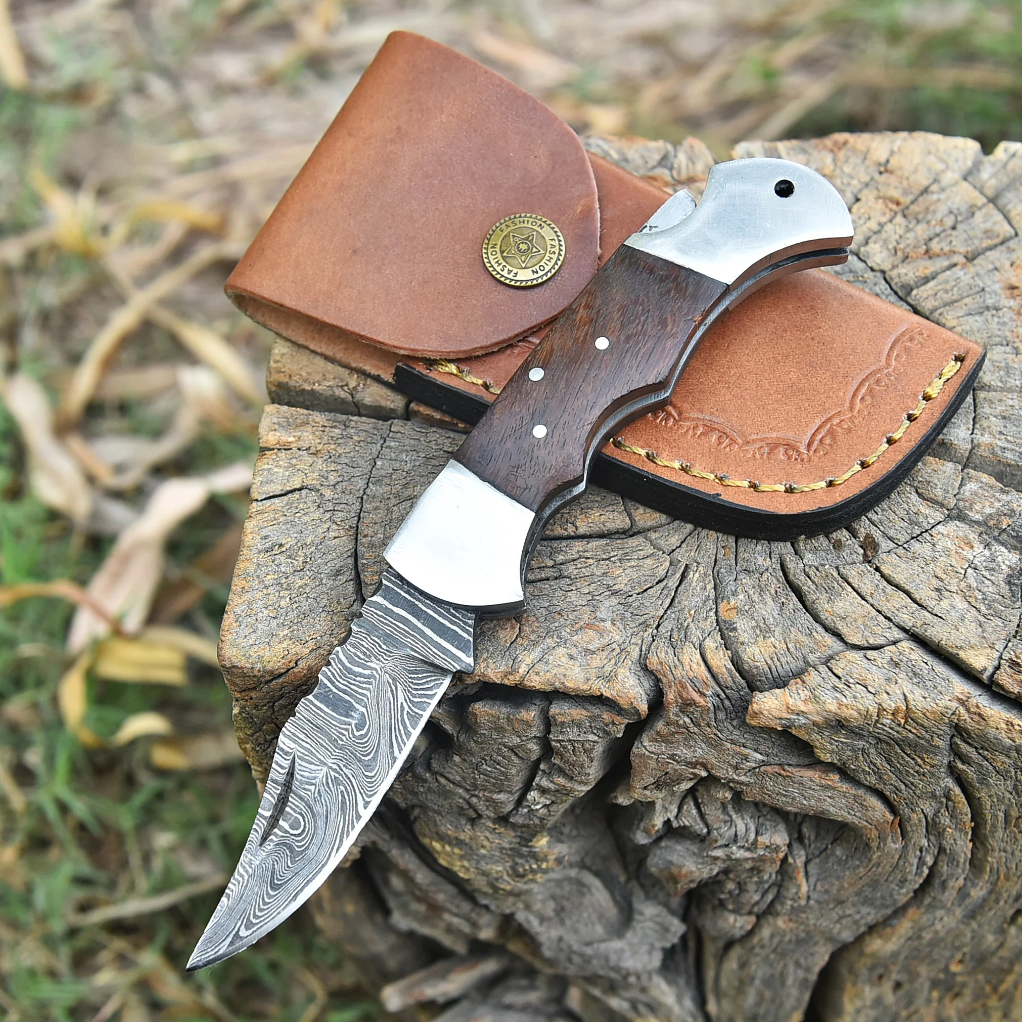 Premium Damascus Folding Pocket Knife Camping Hiking Bushcraft Tool - Image 2