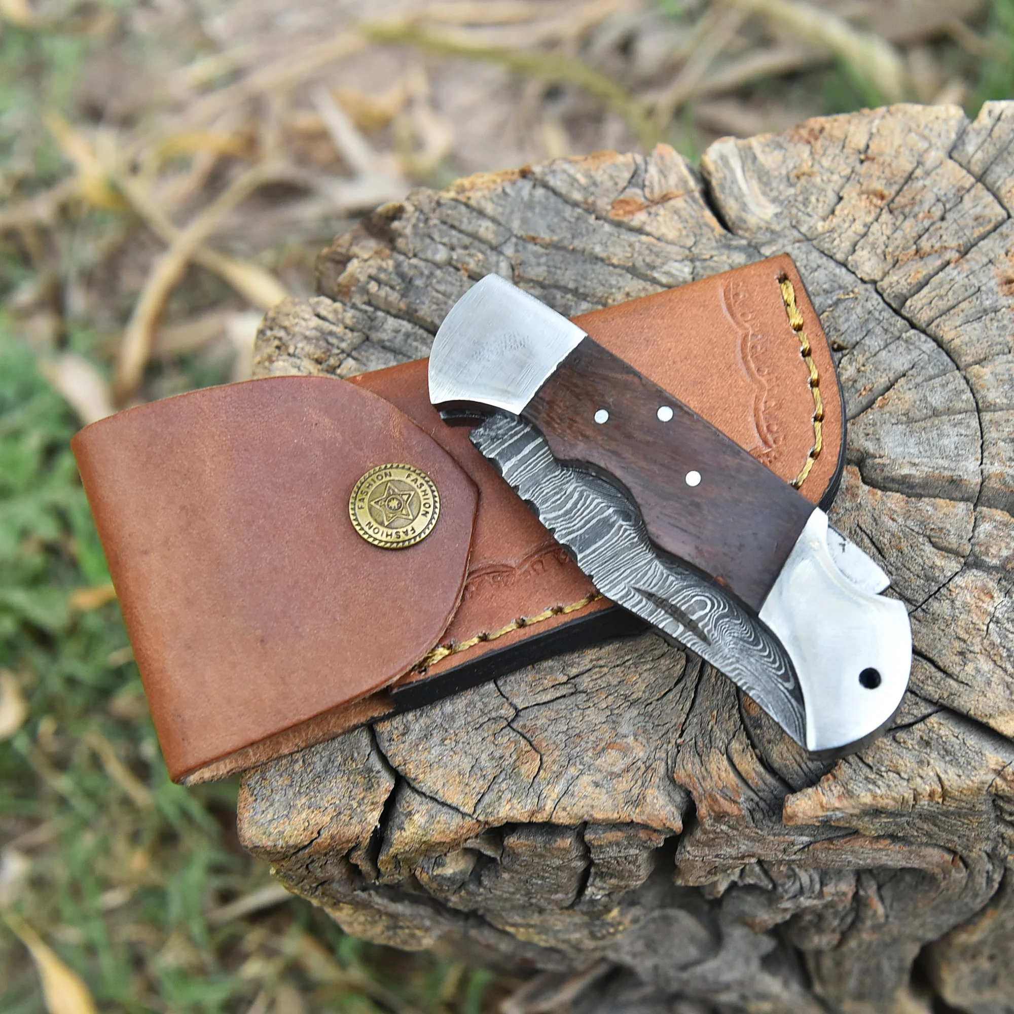 Premium Damascus Folding Pocket Knife Camping Hiking Bushcraft Tool - Image 5