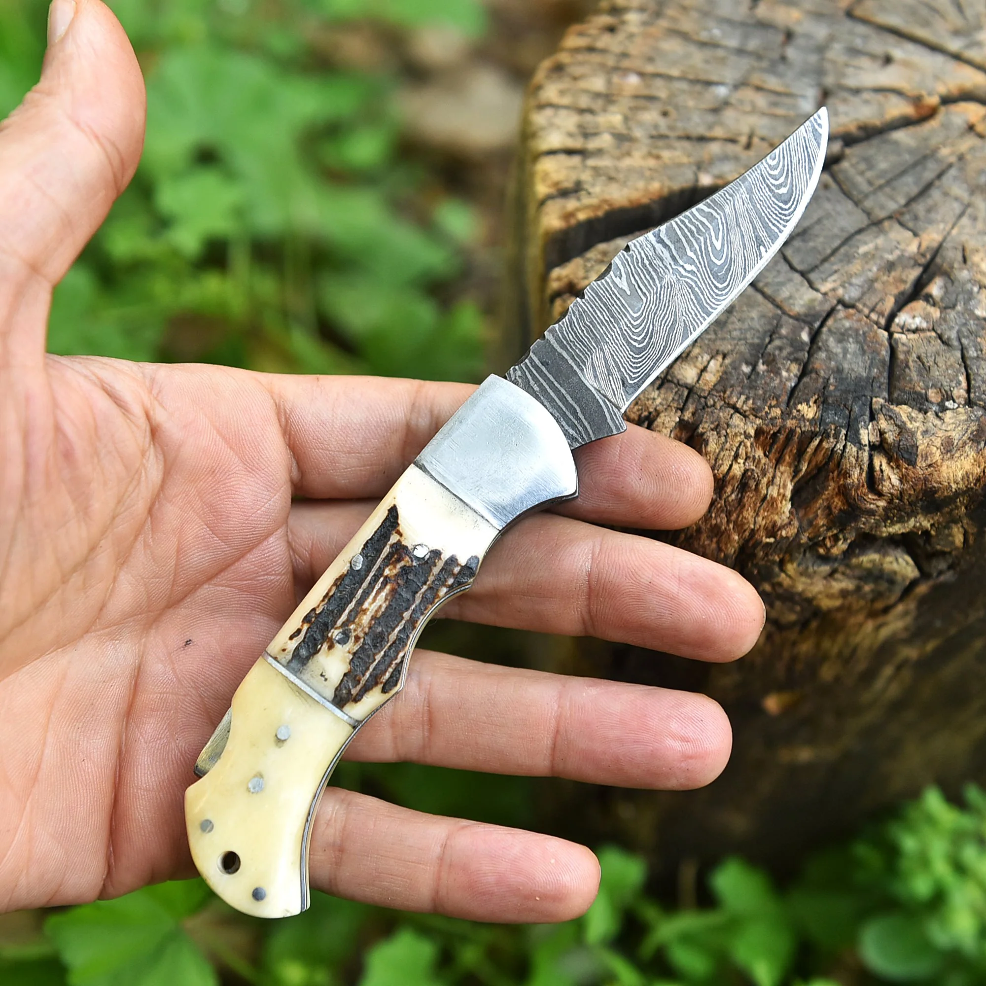 Professional Damascus Steel EDC Folding Knife Stage Camel Bone Handle - Image 3