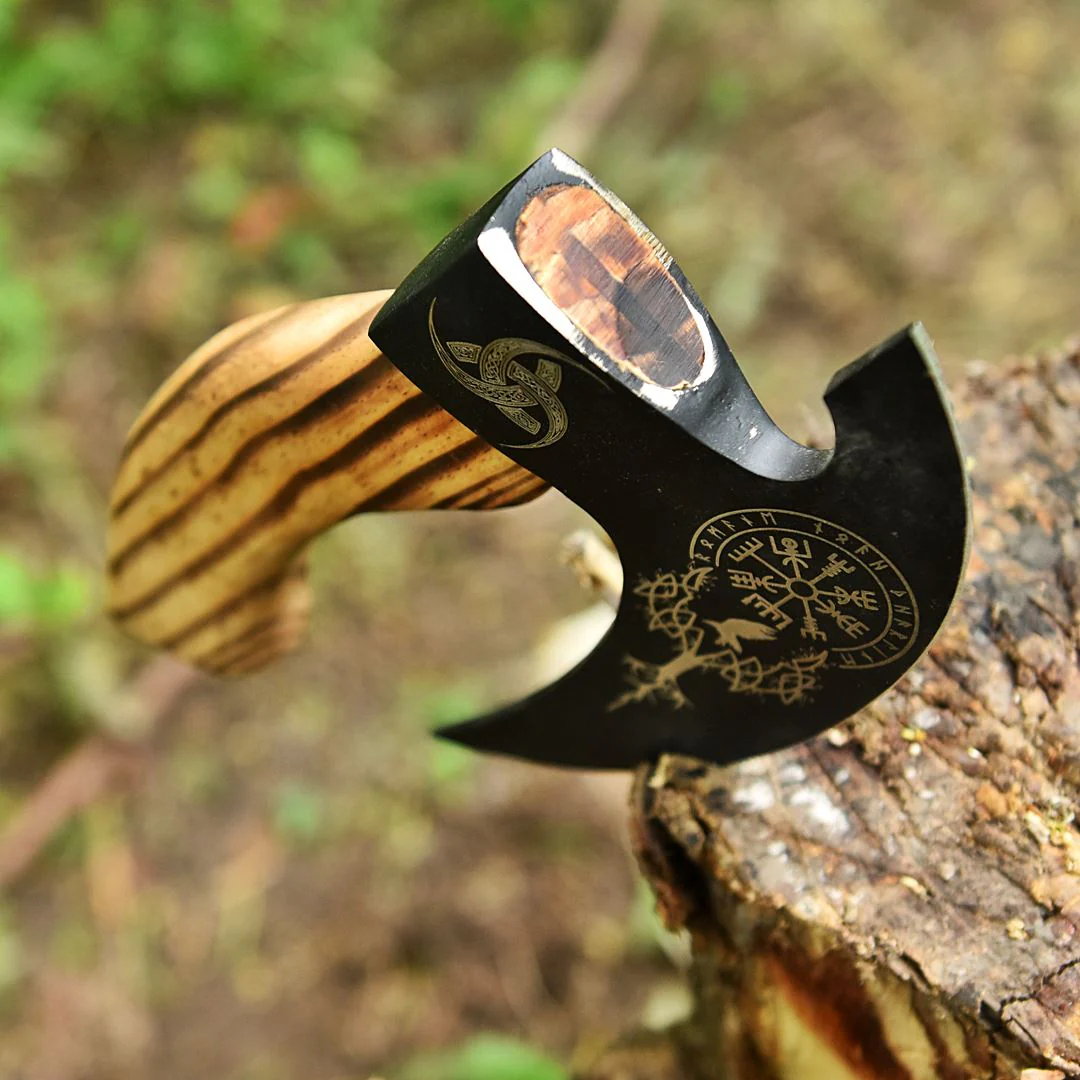Small Forged Carbon Steel Pizza Cutter Axe with Burn Ash Wood Shaft - Viking Axe - Image 3