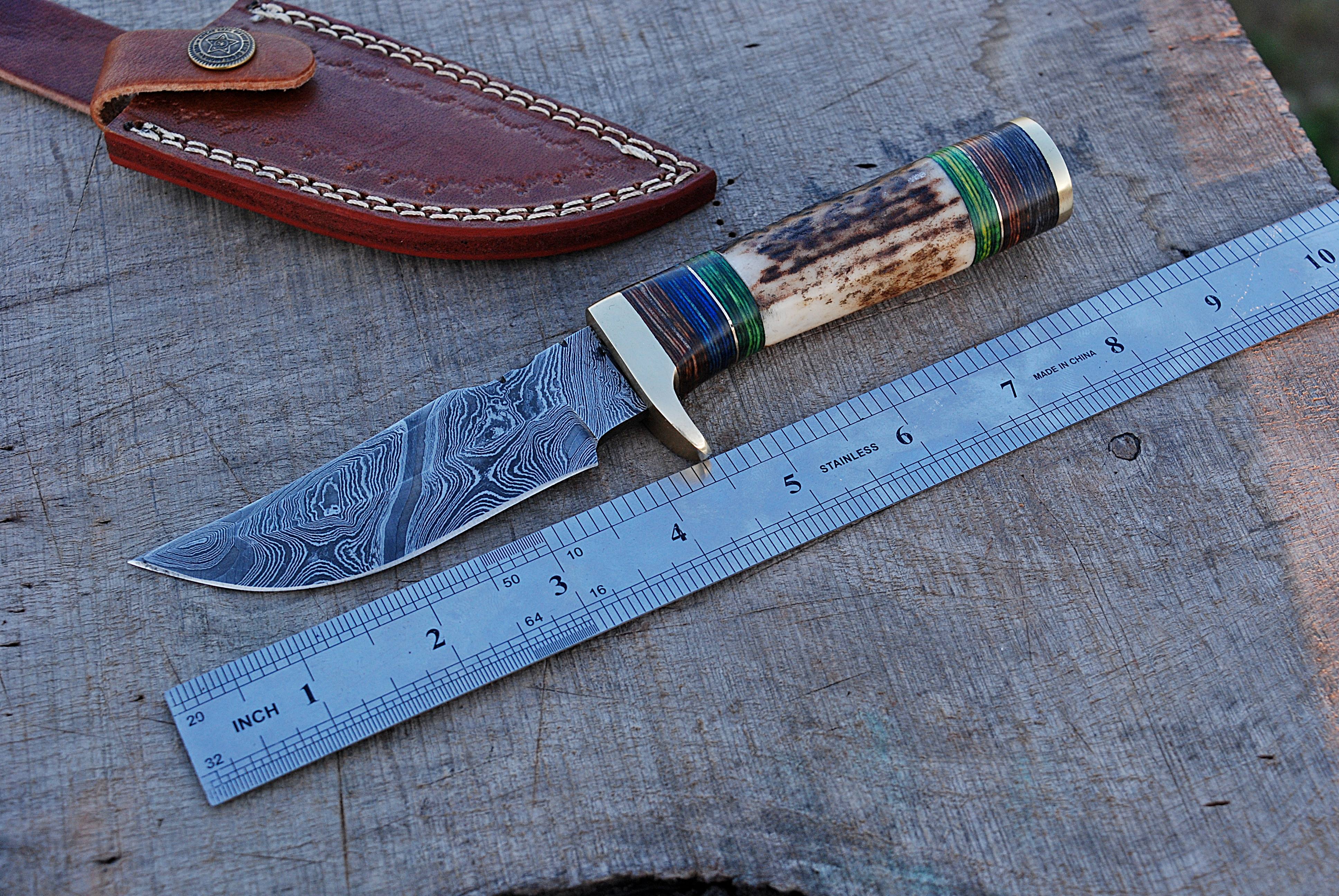 Stag Antler Knife Forged Damascus Skinner Knife Deer Stag Handle with Leather Sheath - Image 6