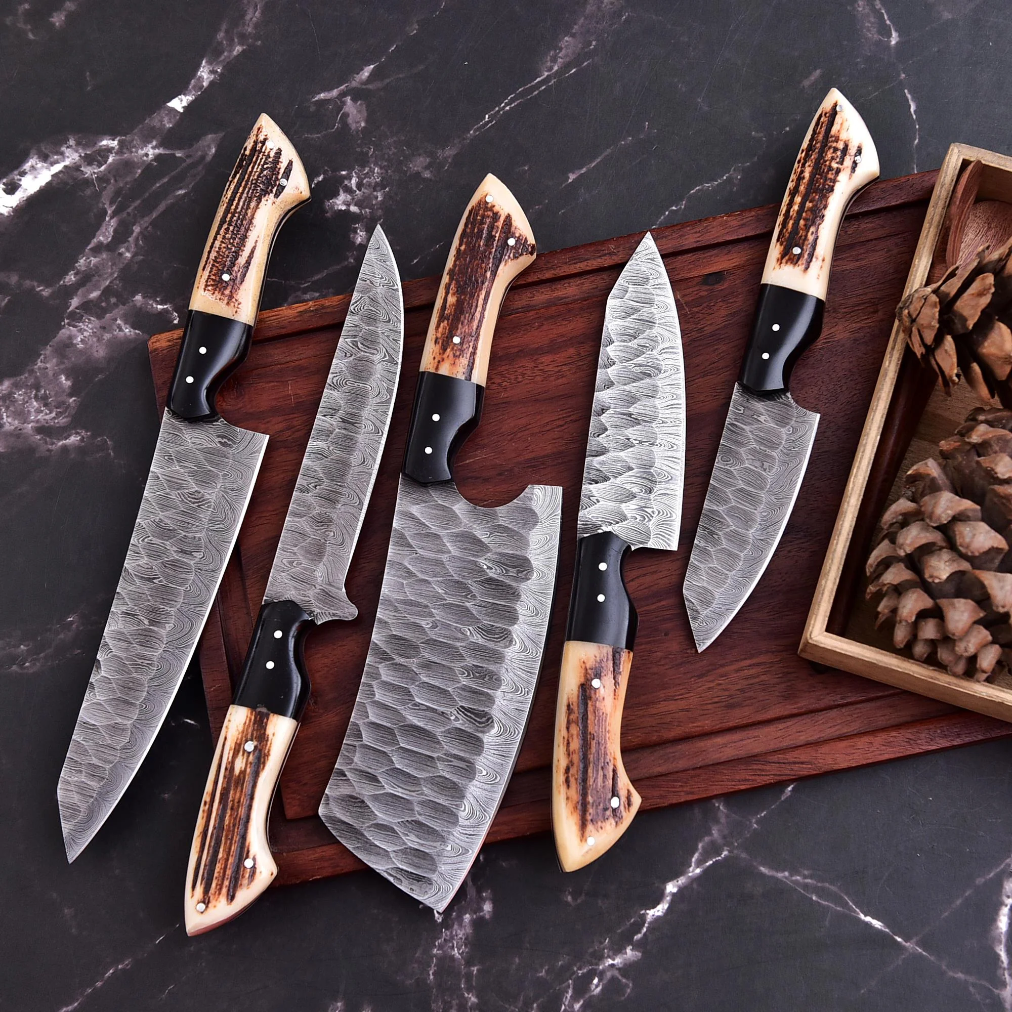 Stag | Damascus 5 Piece Chef Knife Set Kitchen Knives Set - Image 4