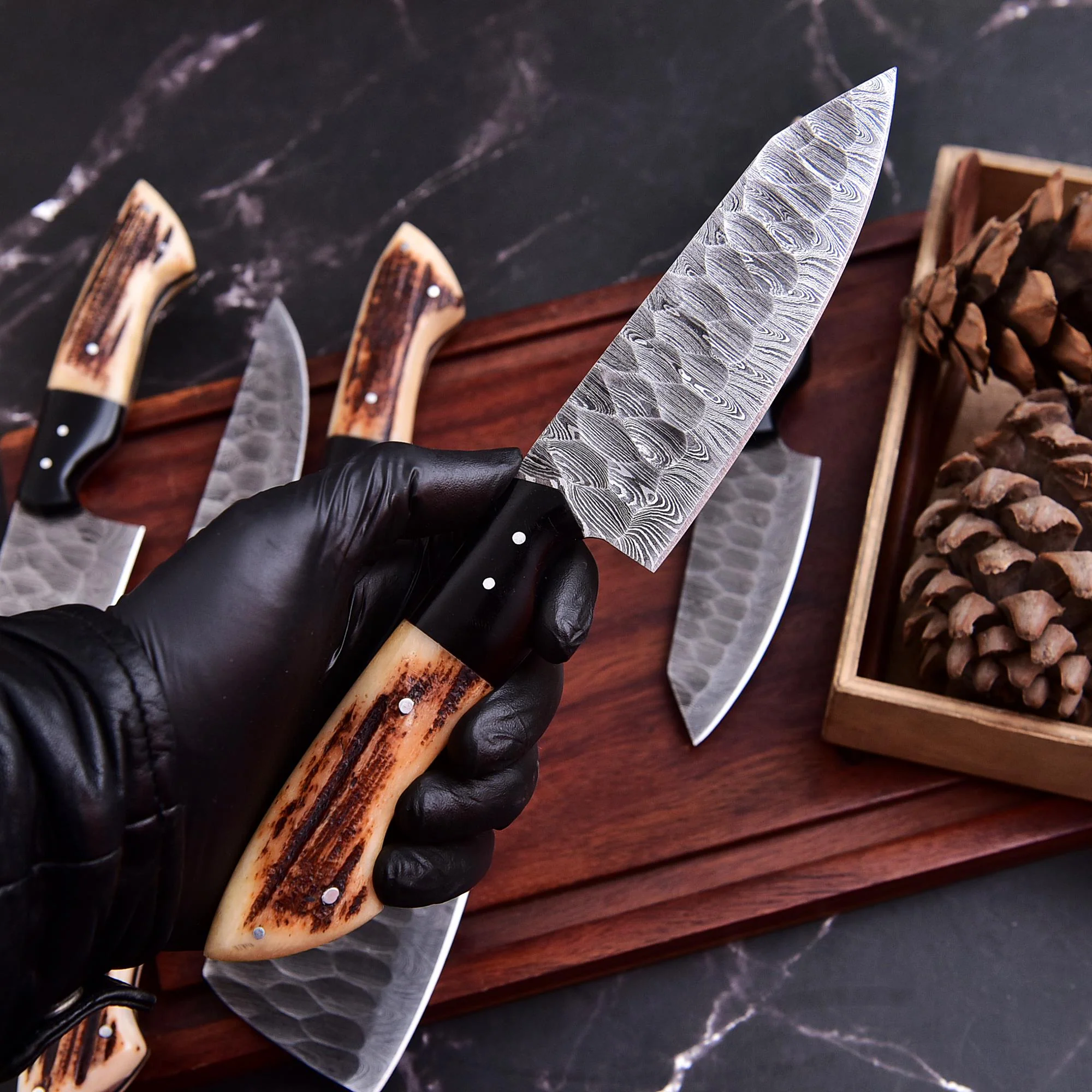 Stag | Damascus 5 Piece Chef Knife Set Kitchen Knives Set - Image 5