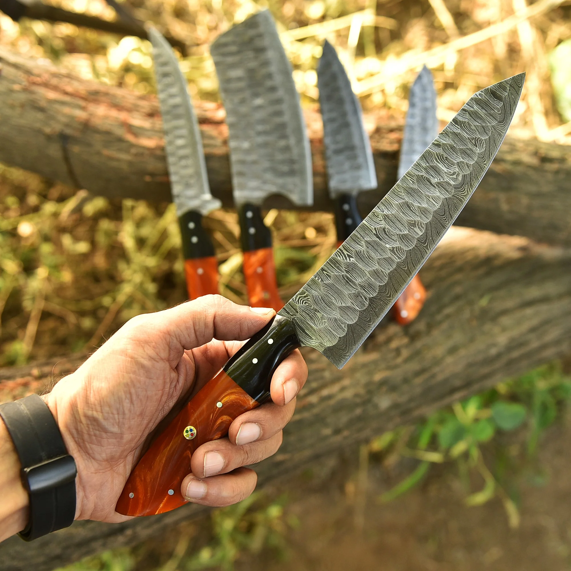 The Orange Resin | Damascus Steel 5 Piece Chef Knife Set Kitchen Knives Set - Image 5